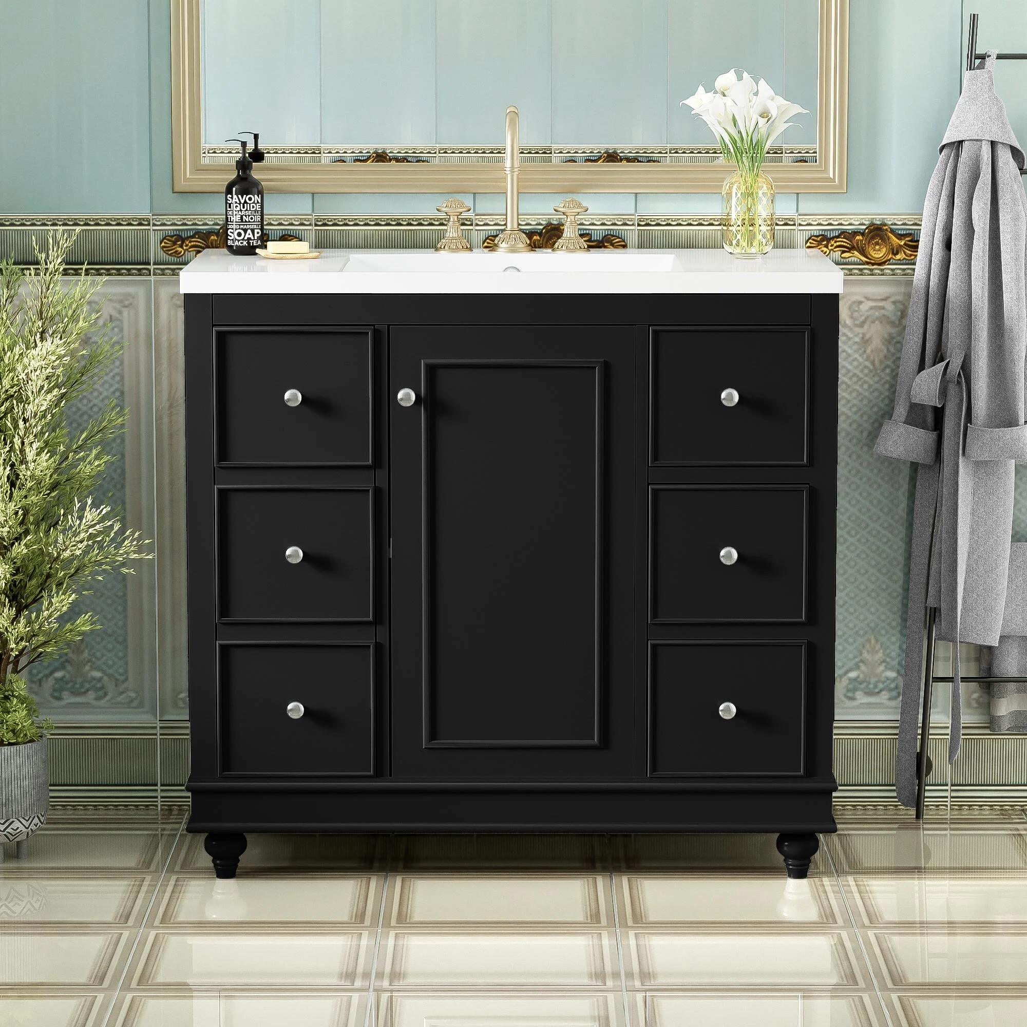 Bathroom Vanity with Sink, Bathroom Vanity Cabinet with 4 Drawers and 1 Door, Storage Cabinet with Adjustable Shelves