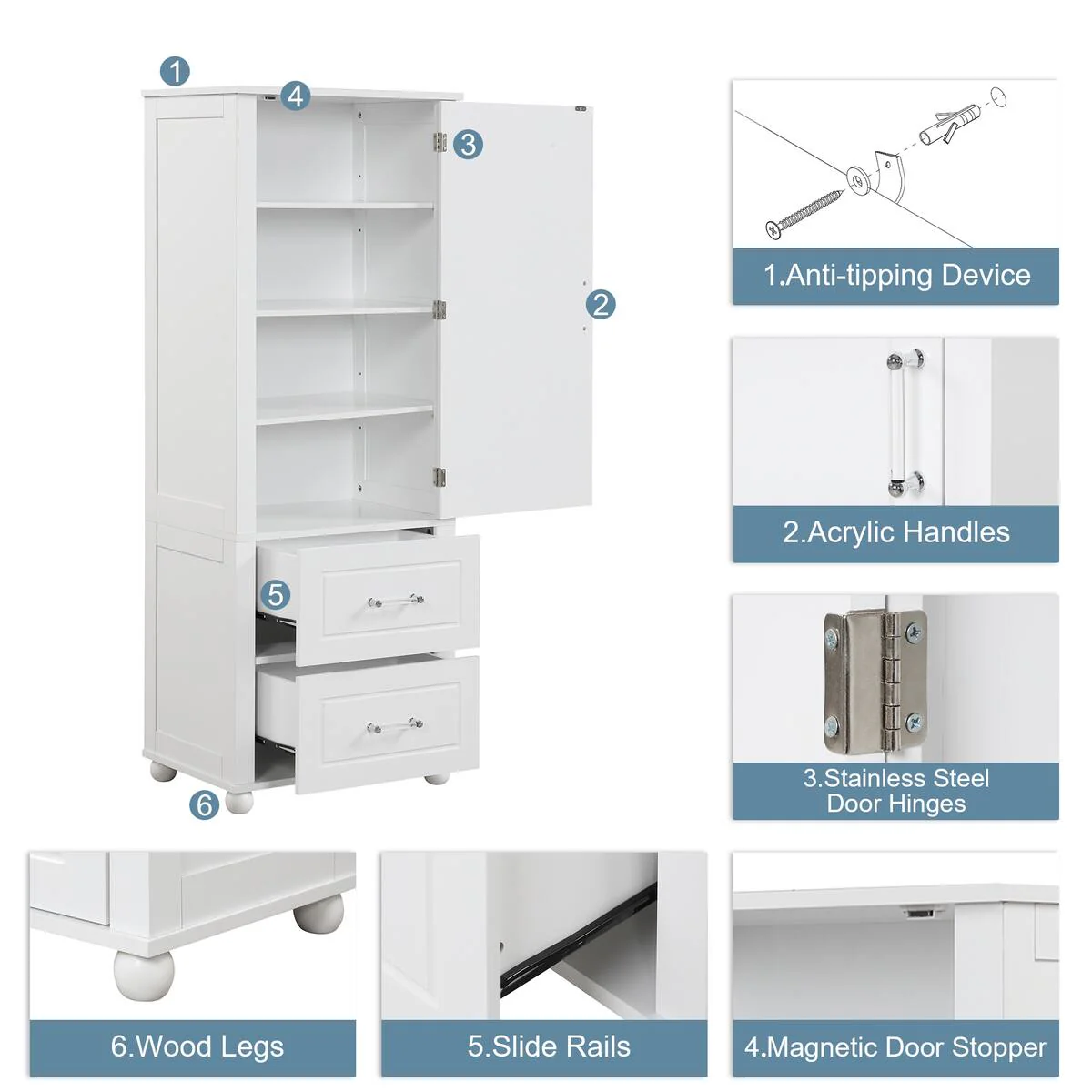 Freestanding Tall Bathroom Storage Cabinet with Door, 2 Drawers and Adjustable Shelf