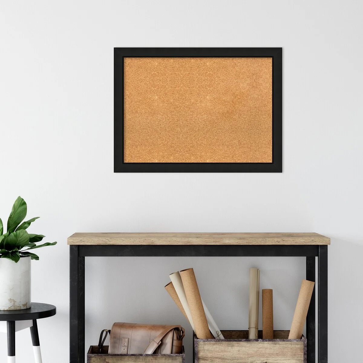 Midnight Black Narrow Wood Framed Natural Corkboard Bulletin Board