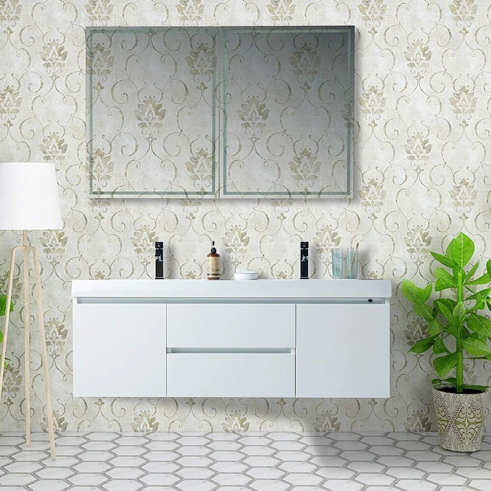 Vanity Art 60-Inch Double Sink Wall Hung Bathroom Vanity Set White Stone Top Glossy Finish with Sensor Switch
