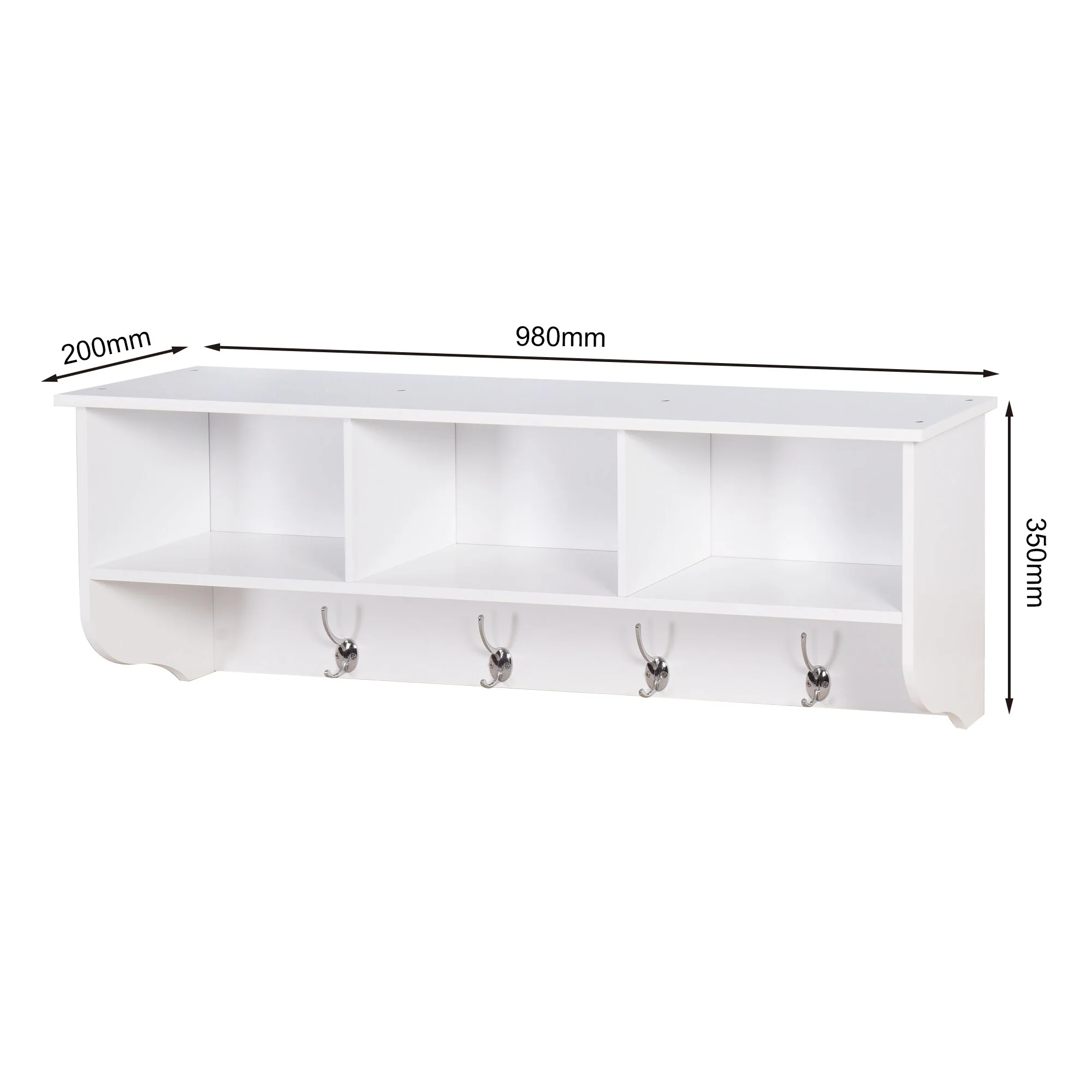 White Wall Mounted Cubby Shelf with 4 Dual Hooks