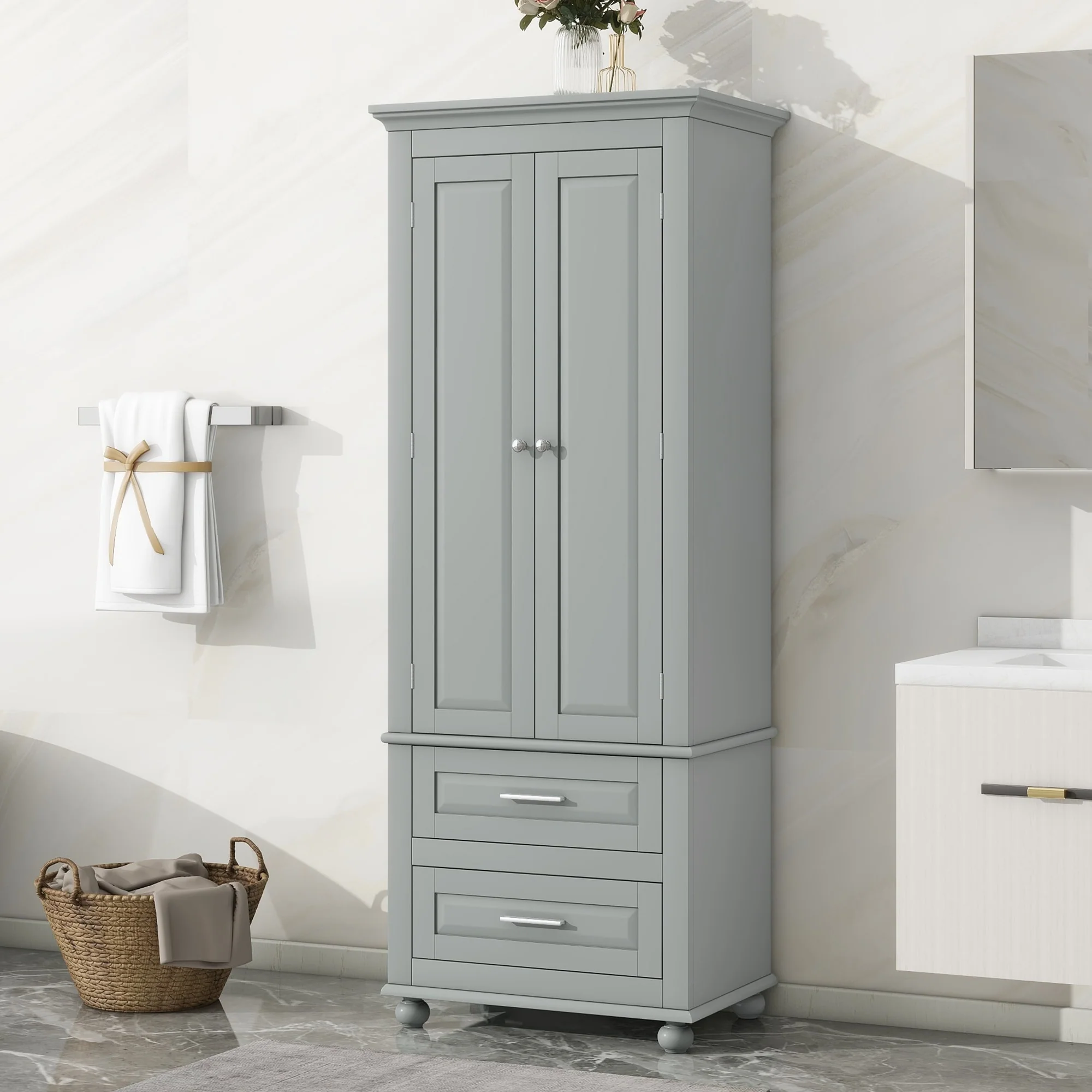 Freestanding Tall Storage Cabinet with 2 Drawers & 2 Doors for Bathroom/Office