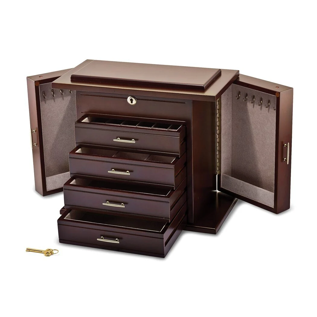 Curata Giftware Matte Mahogany Finish Poplar Veneer 4-Drawer W/Swing-Out Sides Locking Wooden Jewelry Box