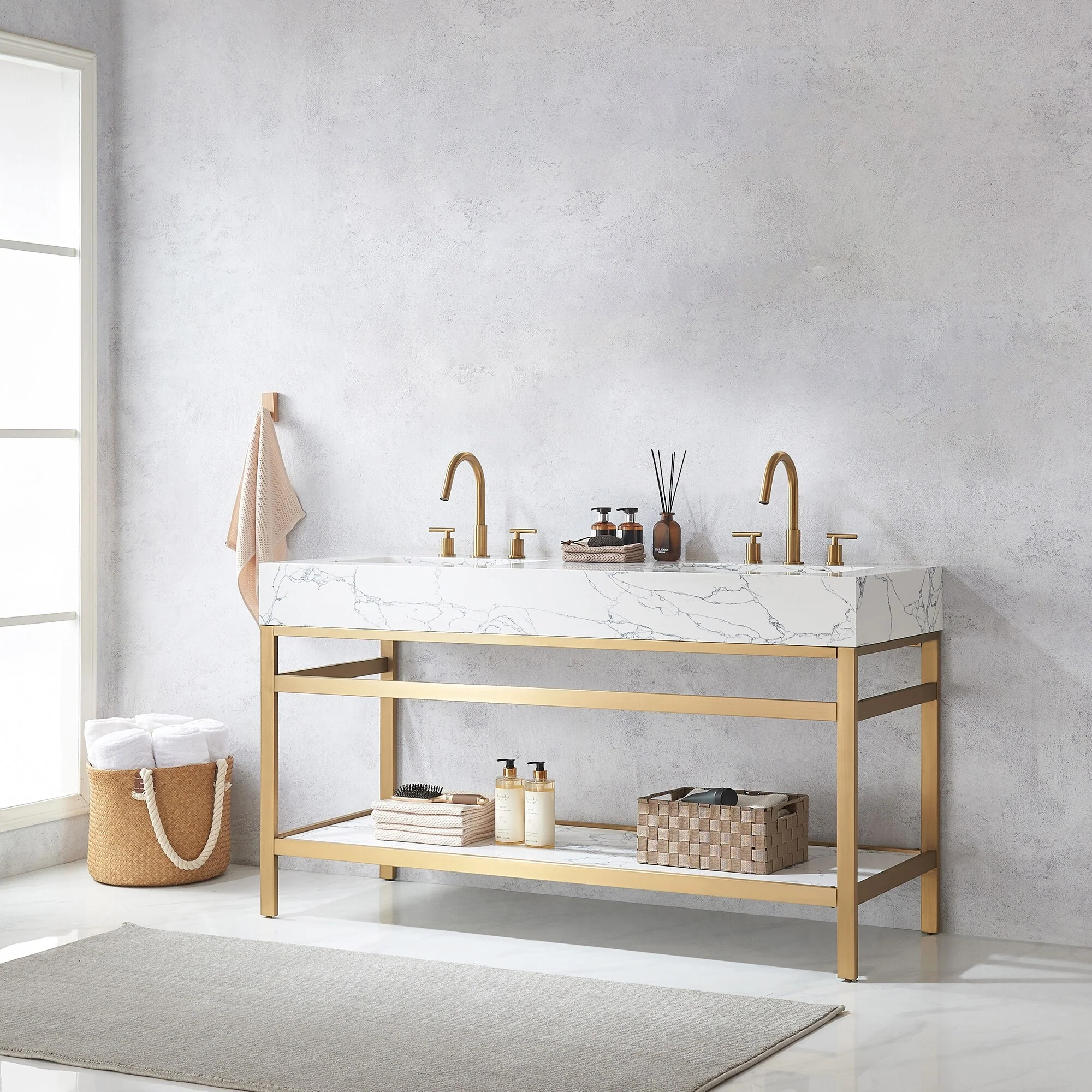 Ecija Bath Vanity, Metal Support with Composite Stone Top, no Mirror