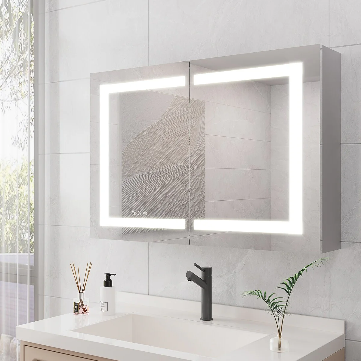 Bathroom Medicine Cabinet with Mirror Wall Mounted LED Bathroom Mirror Cabinet with Lights, Anti-Fog,Storage Shelves
