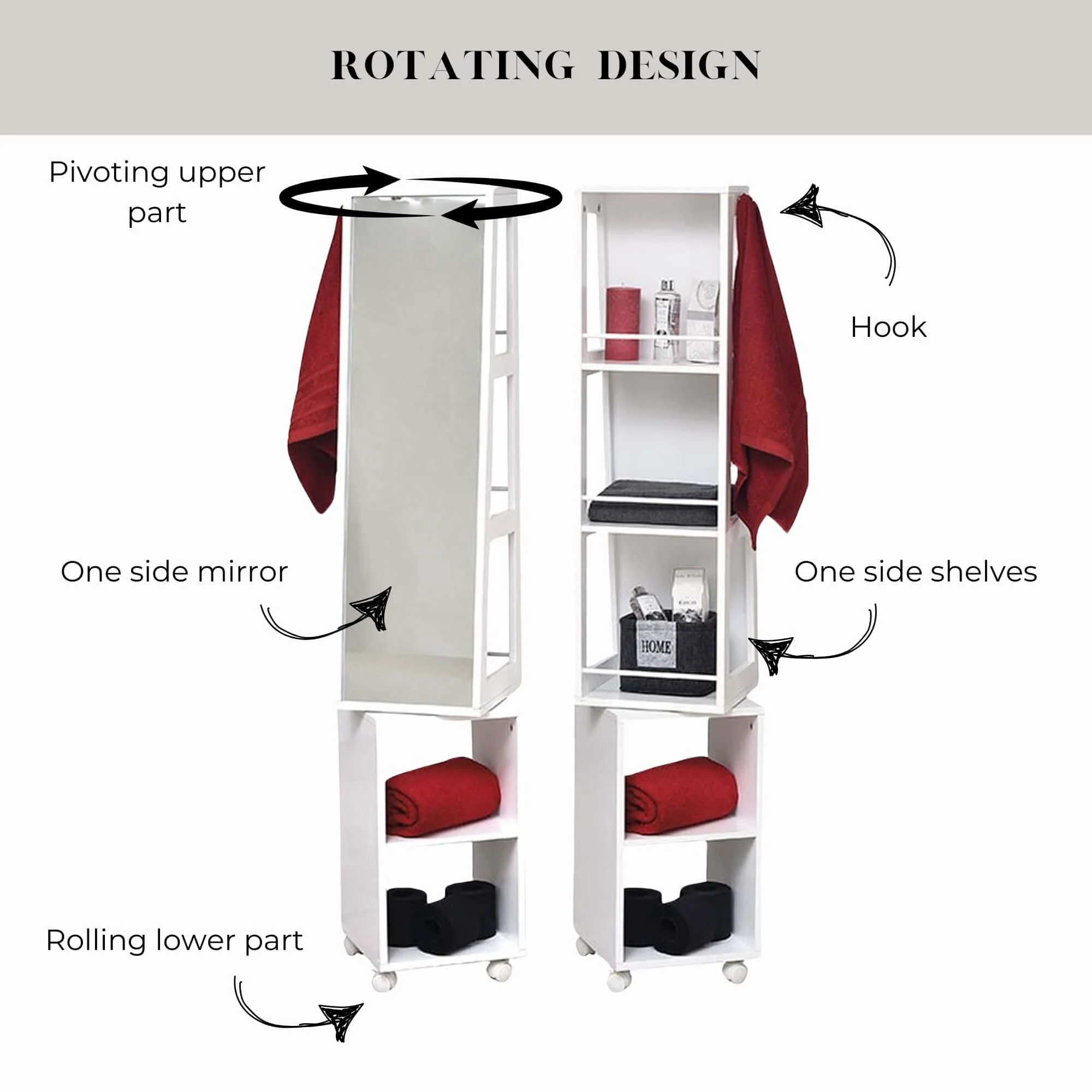 Miami White Rotating Mirror Cabinet Shelving Rolling Base - 13