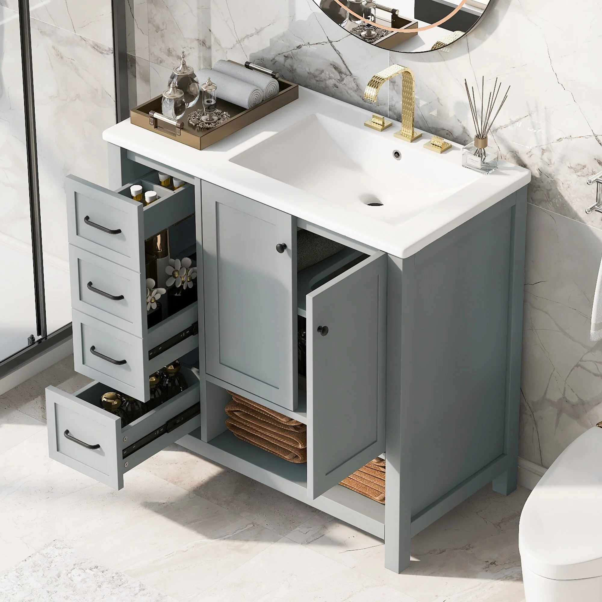 Bathroom Vanity with Ceramic Sink, Bathroom Storage Cabinet with 2 Drawers, Bathroom Vanity with 1 Tip-Out Drawer and 1 Door