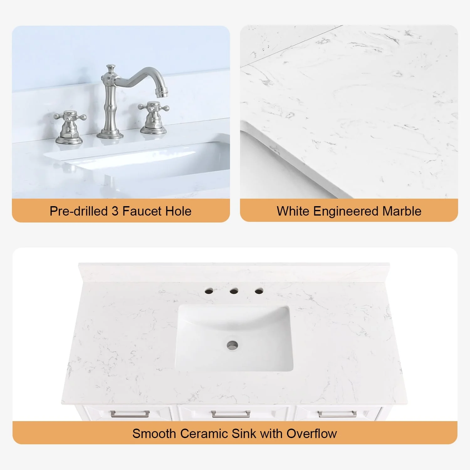 Prismarble Bathroom Vanity 48 in White with Marble Countertop & Backsplash