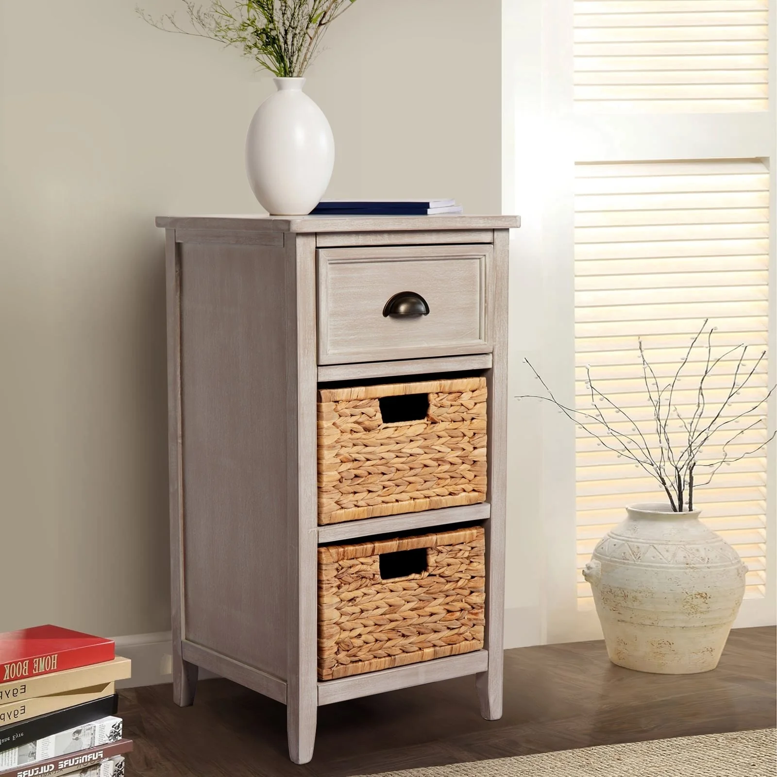 M4H Verdon Solid Wood Natural Water Hyacinth Drawer Accent Cabinet - N/A