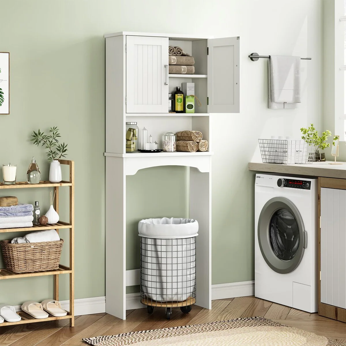 Over The Toilet Storage Cabinet with Double Doors and Anti-Tip Device