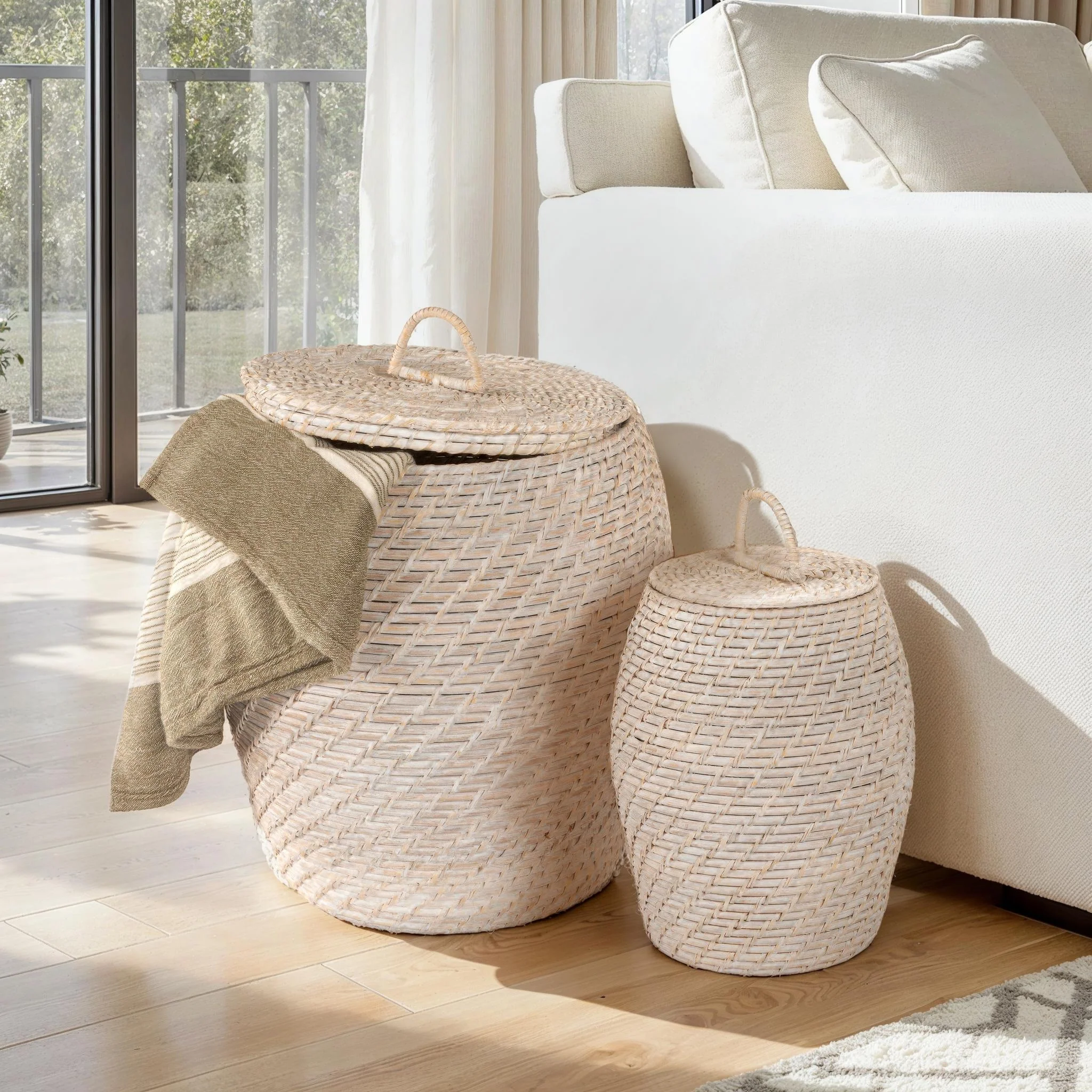 Hand-Woven Rattan Wicker Storage Baskets with Lids, Set of 2