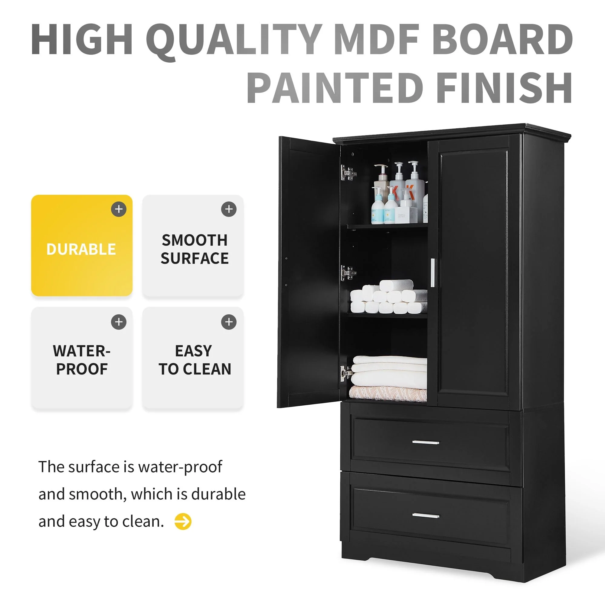 Tall Bathroom Storage Cabinet with 2 Doors, 2 Drawers & Adjustable Shelf