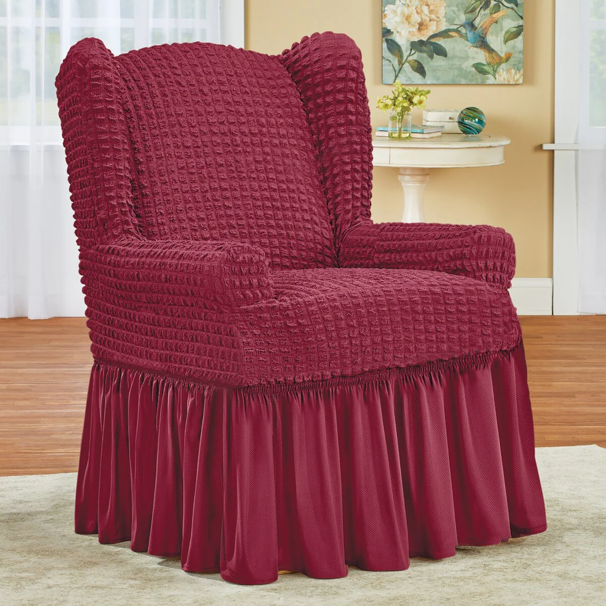 Textured Squares Ruffled Slipcover - Wing Chair