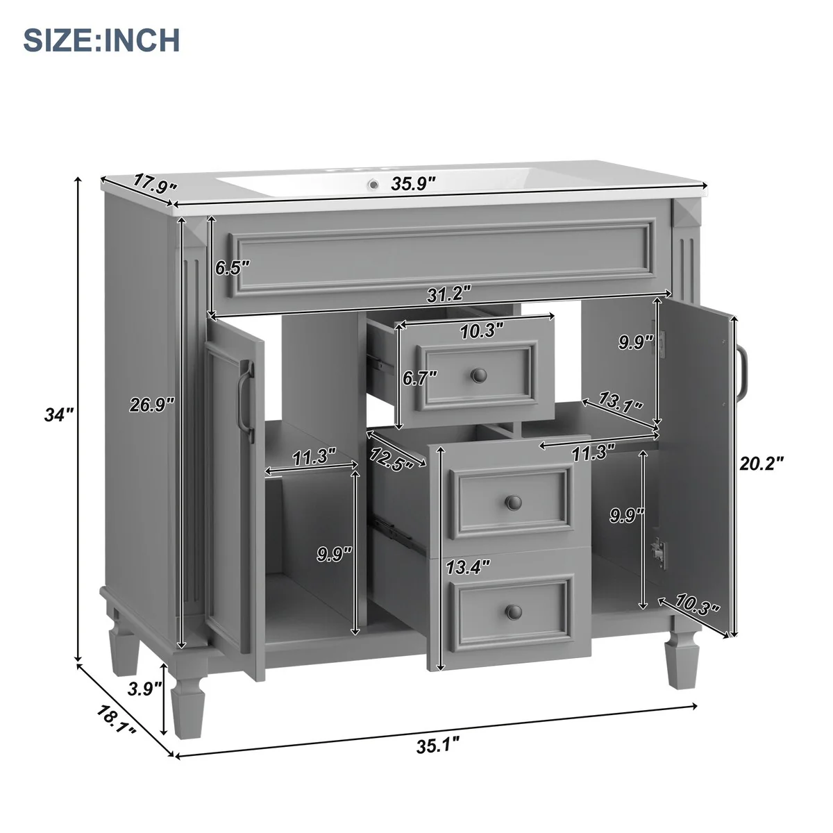 36 in. W x 18 in. D x 34 in. H Freestanding Bath Vanity with White Resin Top and Mirror Cabinet