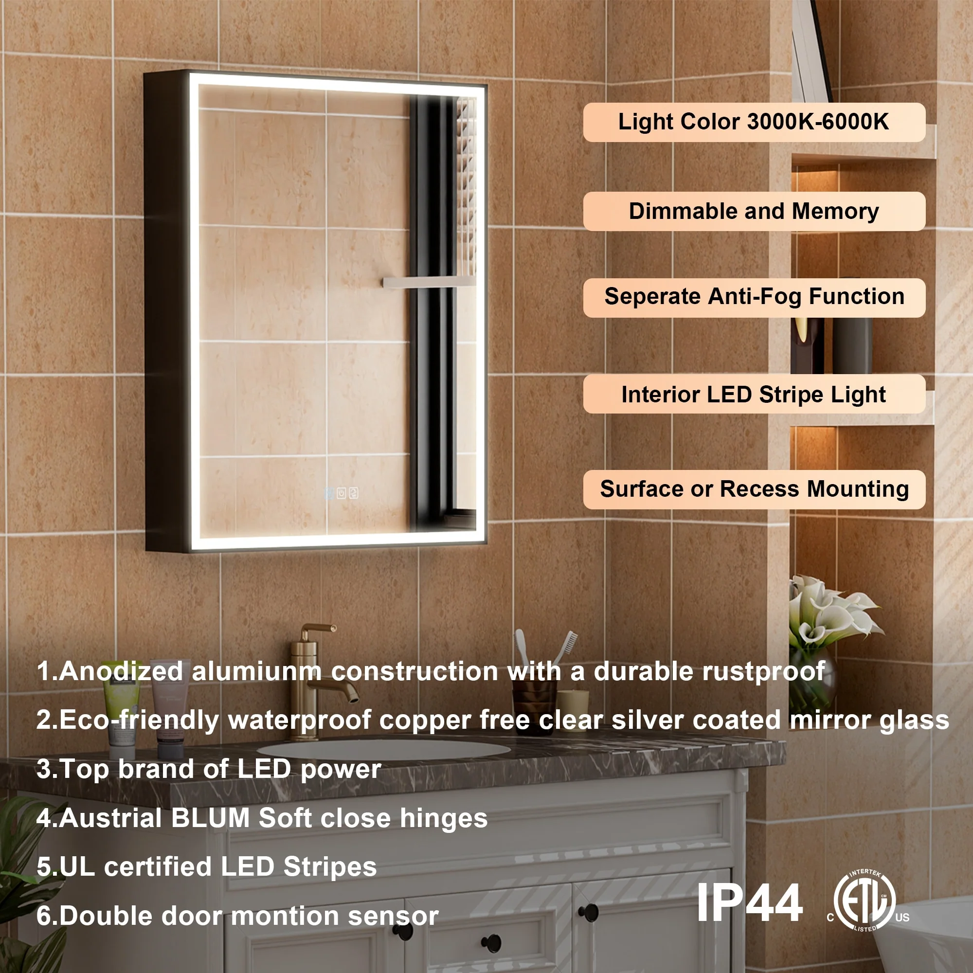 30'' H Recessed Or Surface Wall Mounted LED Mirror Cabinet With Mirror And Adjustable Shelves,Black Frame