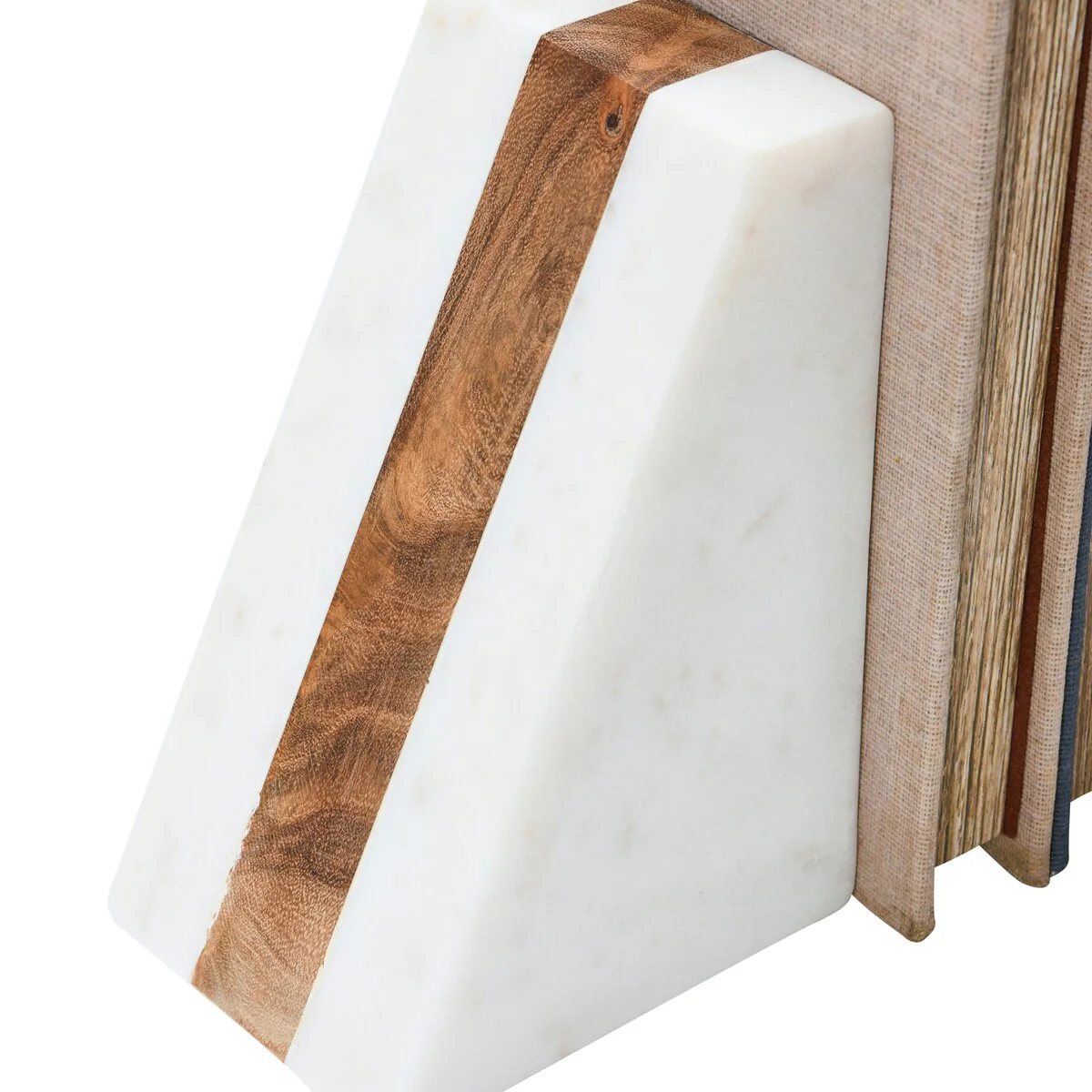 Marble Geometric Bookends with Wood Inlay - 8.0
