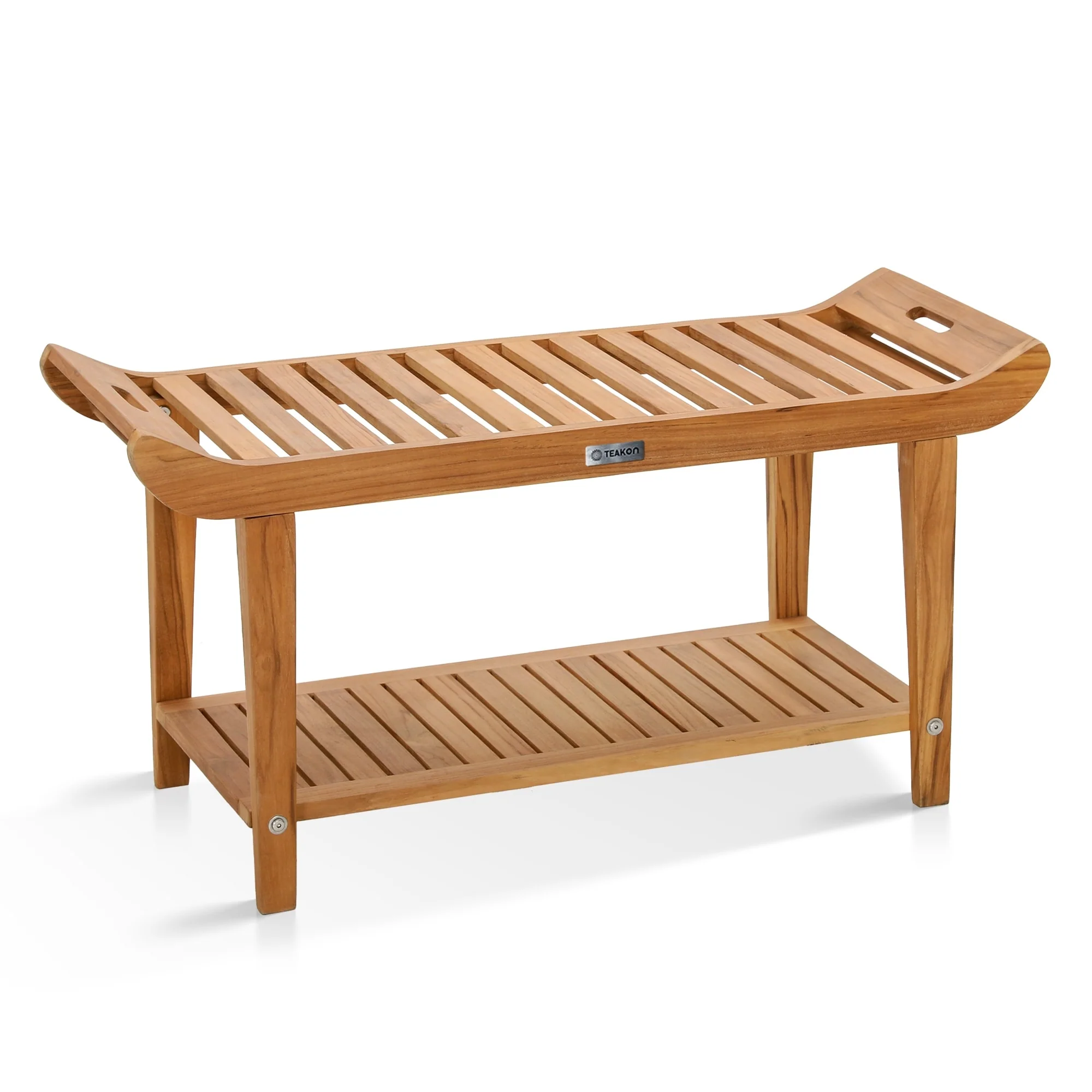 Bathroom Stool with Storage Shelf, Teak Shower Bench Waterproof Wood Bench, Shower Seat