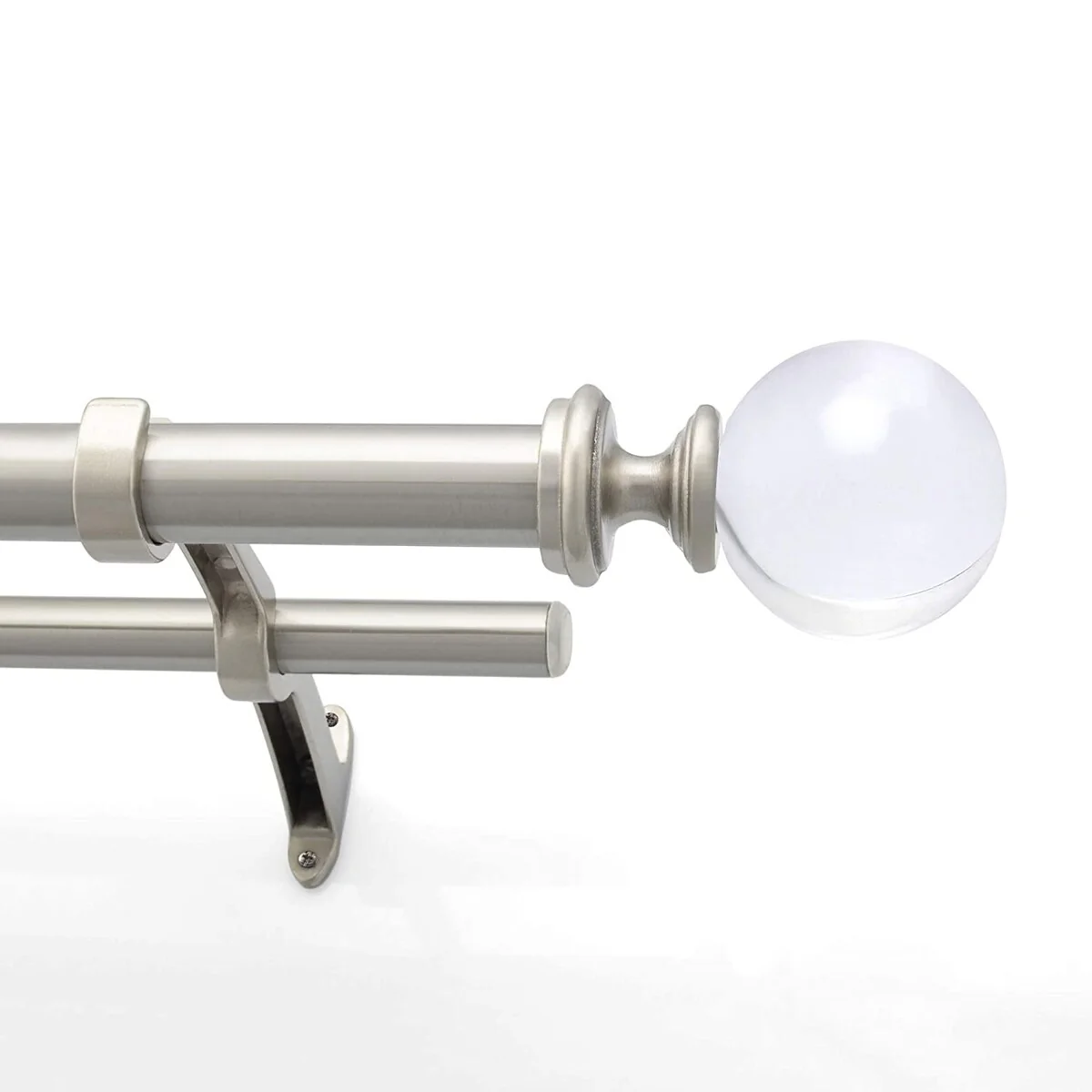 1 Inch Adjustable Silver Double Curtain Rod for Windows & Doors Curtains with Acrylic Ball Finials &Brackets Set -By Deco Window