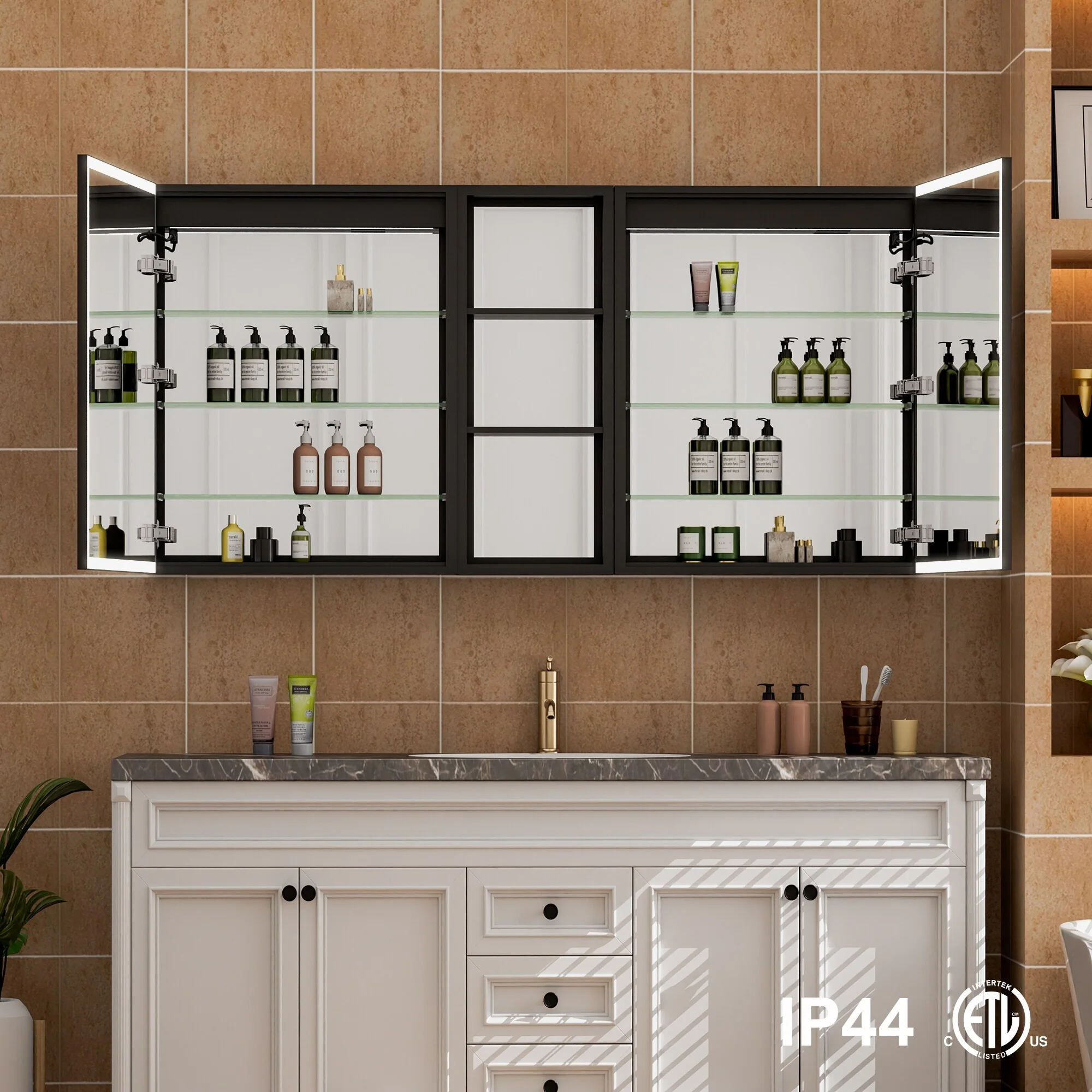 30 in. H Recessed or Surface Wall Mounted LED Mirror Cabinet With Black Side Cabinet