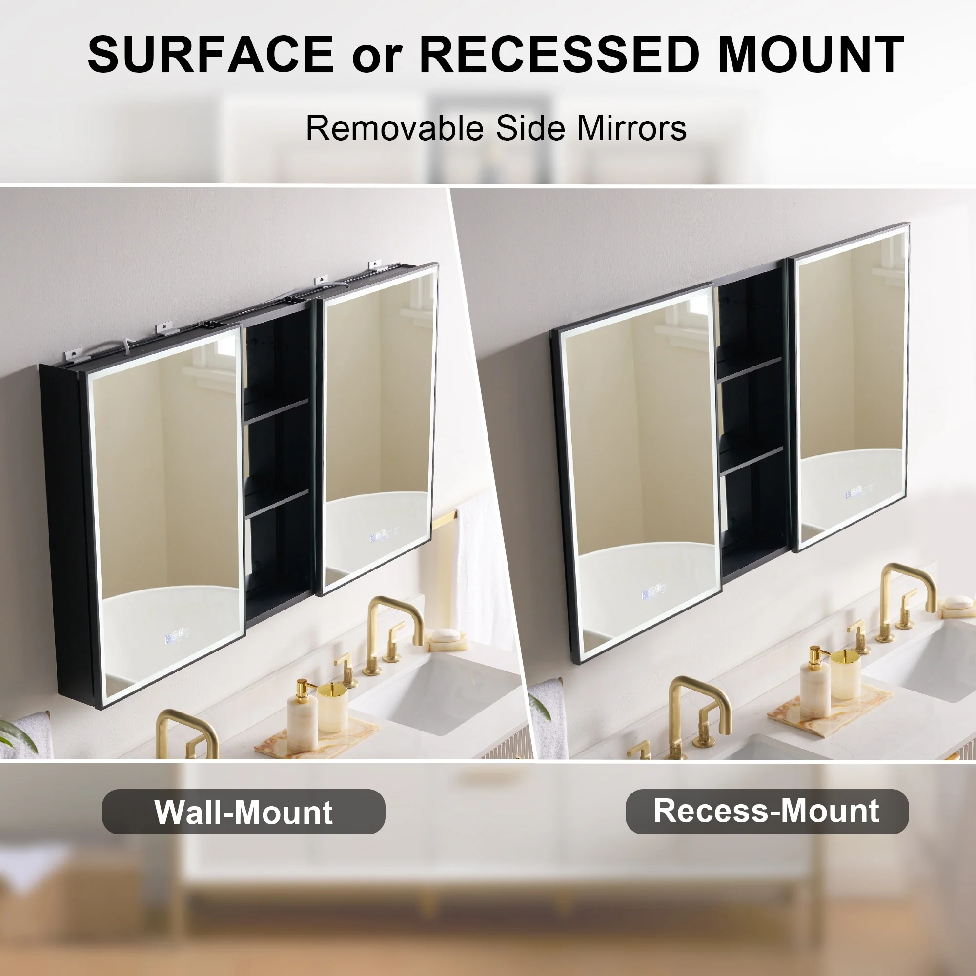 30 in. H Recessed or Surface Wall Mounted LED Mirror Cabinet With Black Side Cabinet