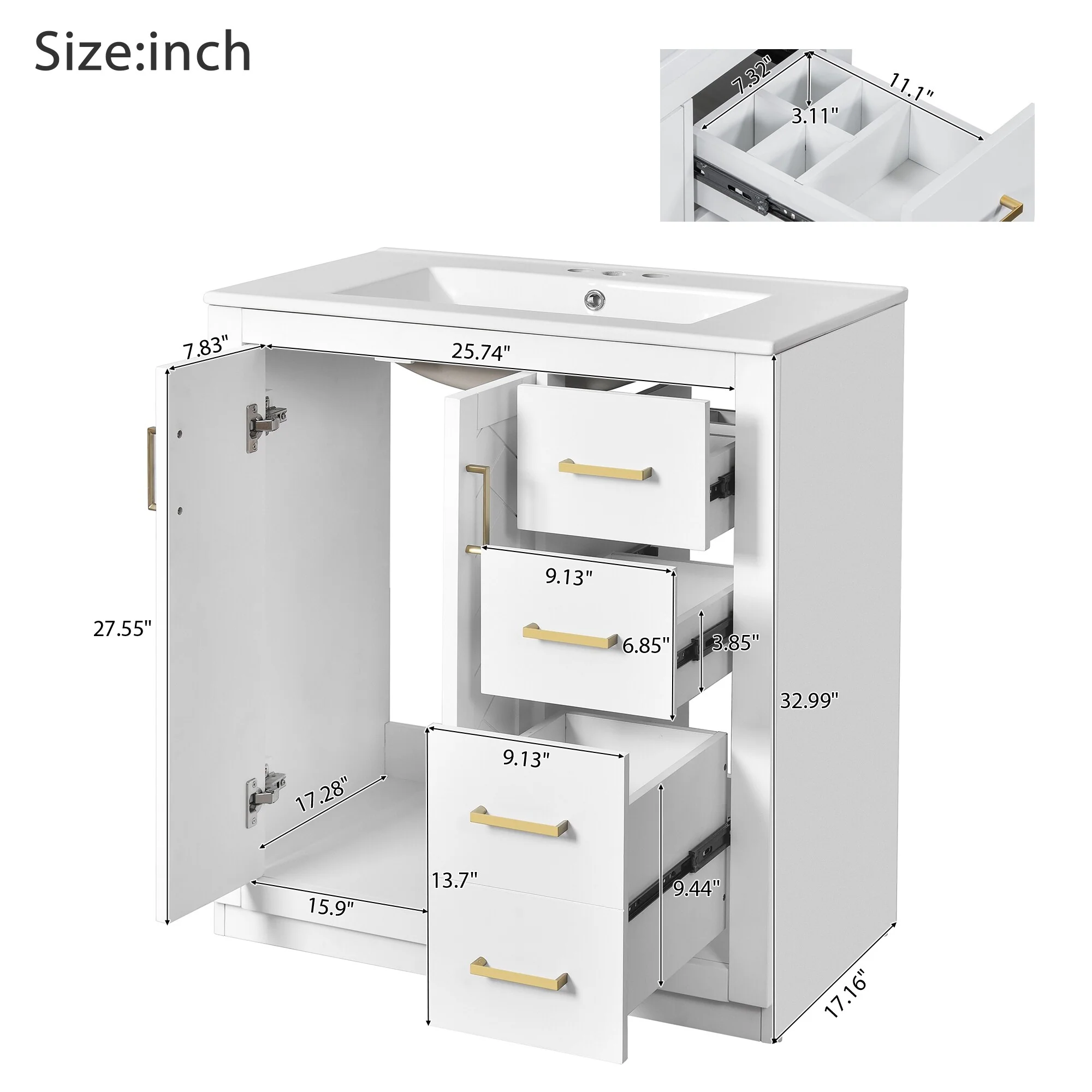 30'' Bathroom Vanity with Ceramic Sink Combo, Bathroom Storage Cabinet Vanity Set with 3 Drawers& Soft Closing Doors