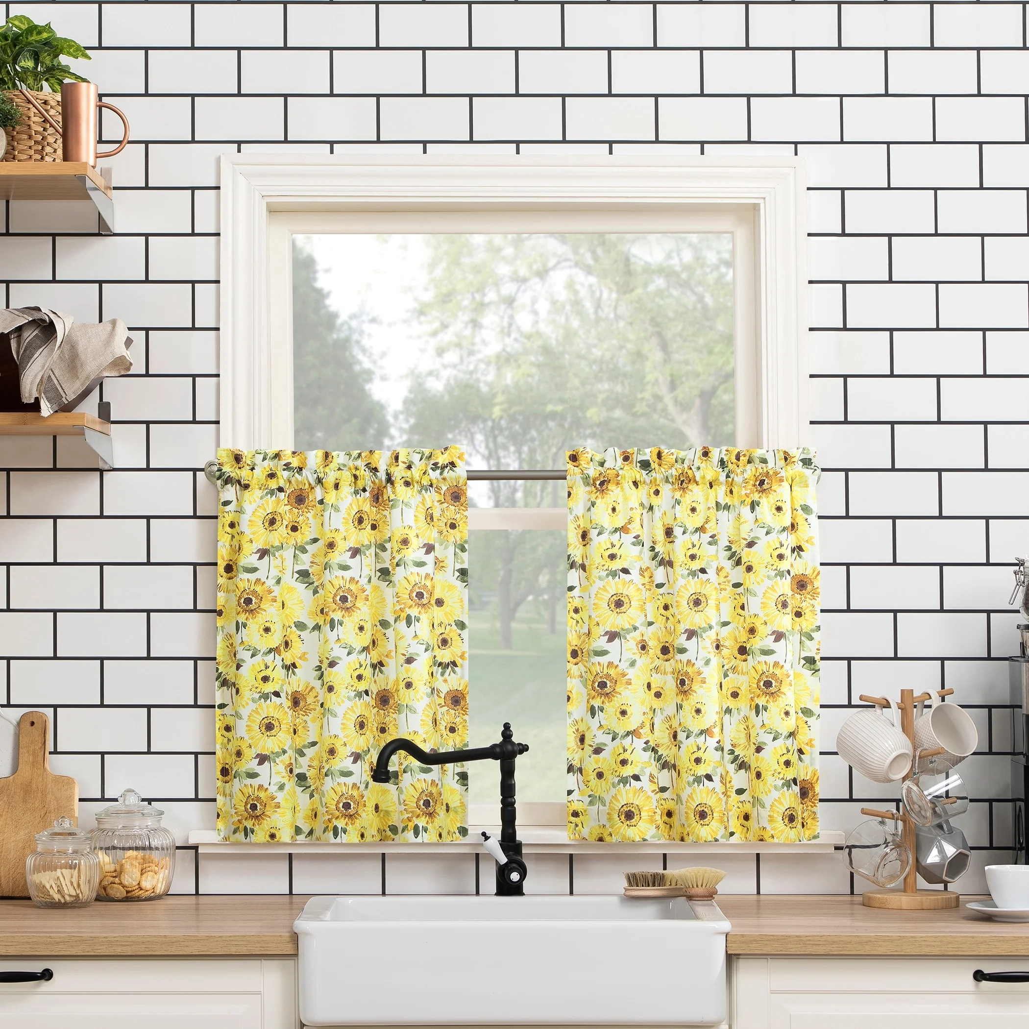 No. 918 Sunny Sunflower Print Semi-Sheer Rod Pocket Kitchen Curtain Valance and Tiers Set