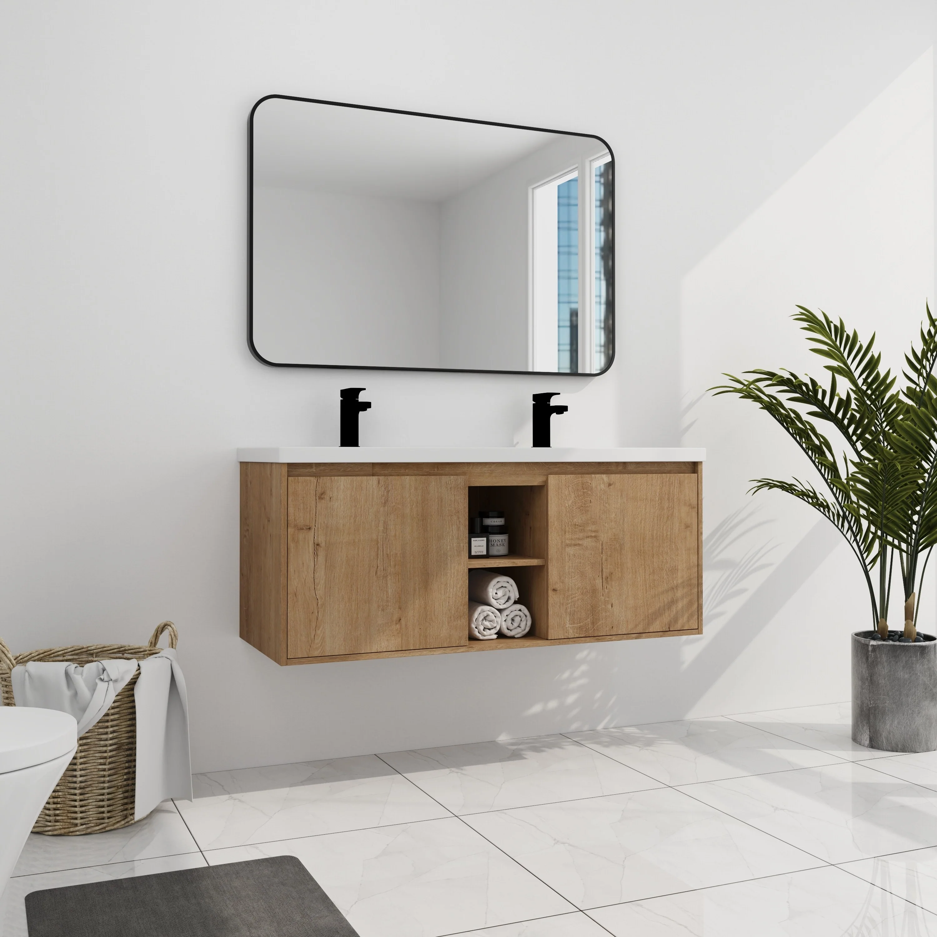 BNK Double Sink Bathroom Vanity in 48 Inch,Bathroom Cabinet with Soft Close Doors&Shelves