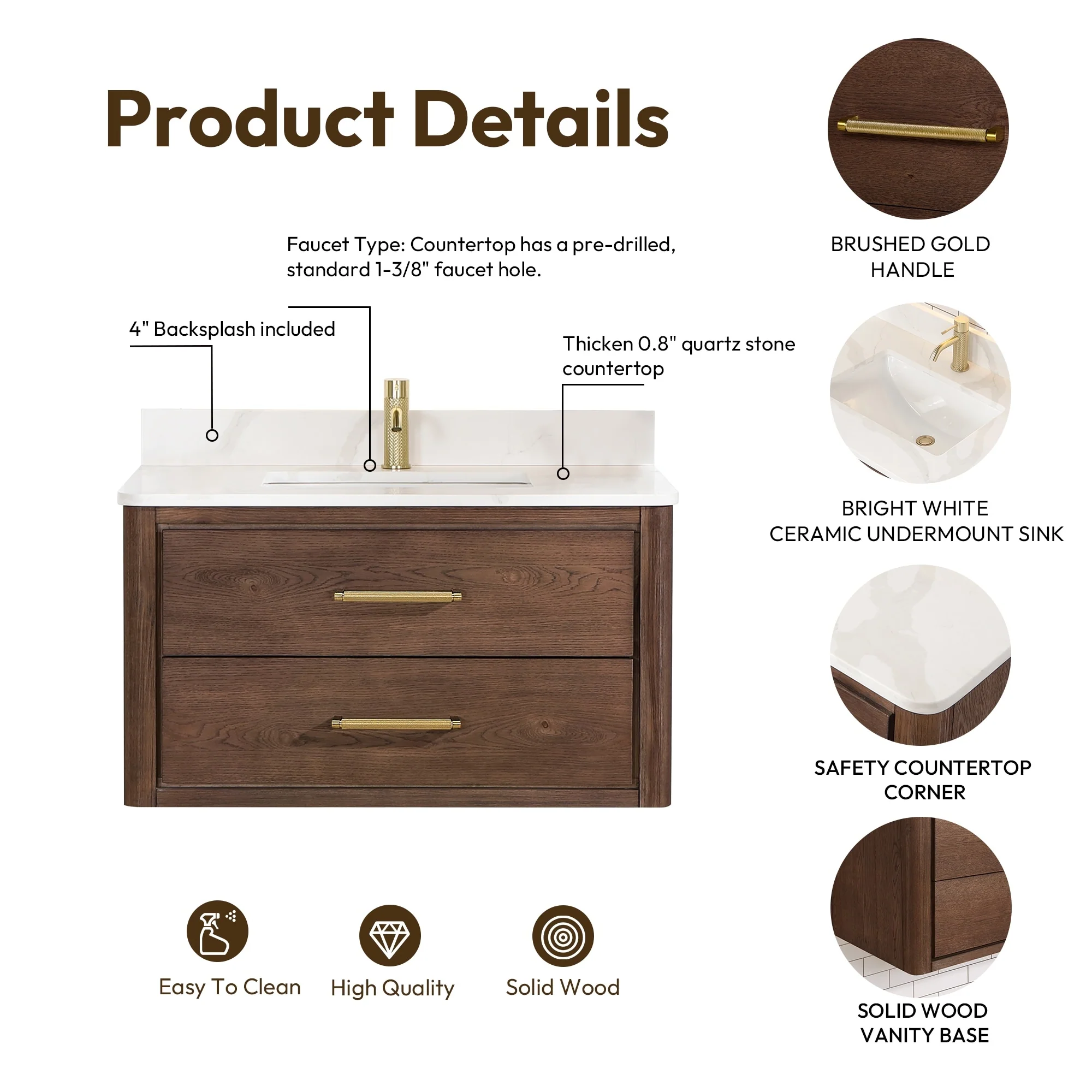 Cristo Floating Bath Vanity with White Quartz Stone Top and Mirror
