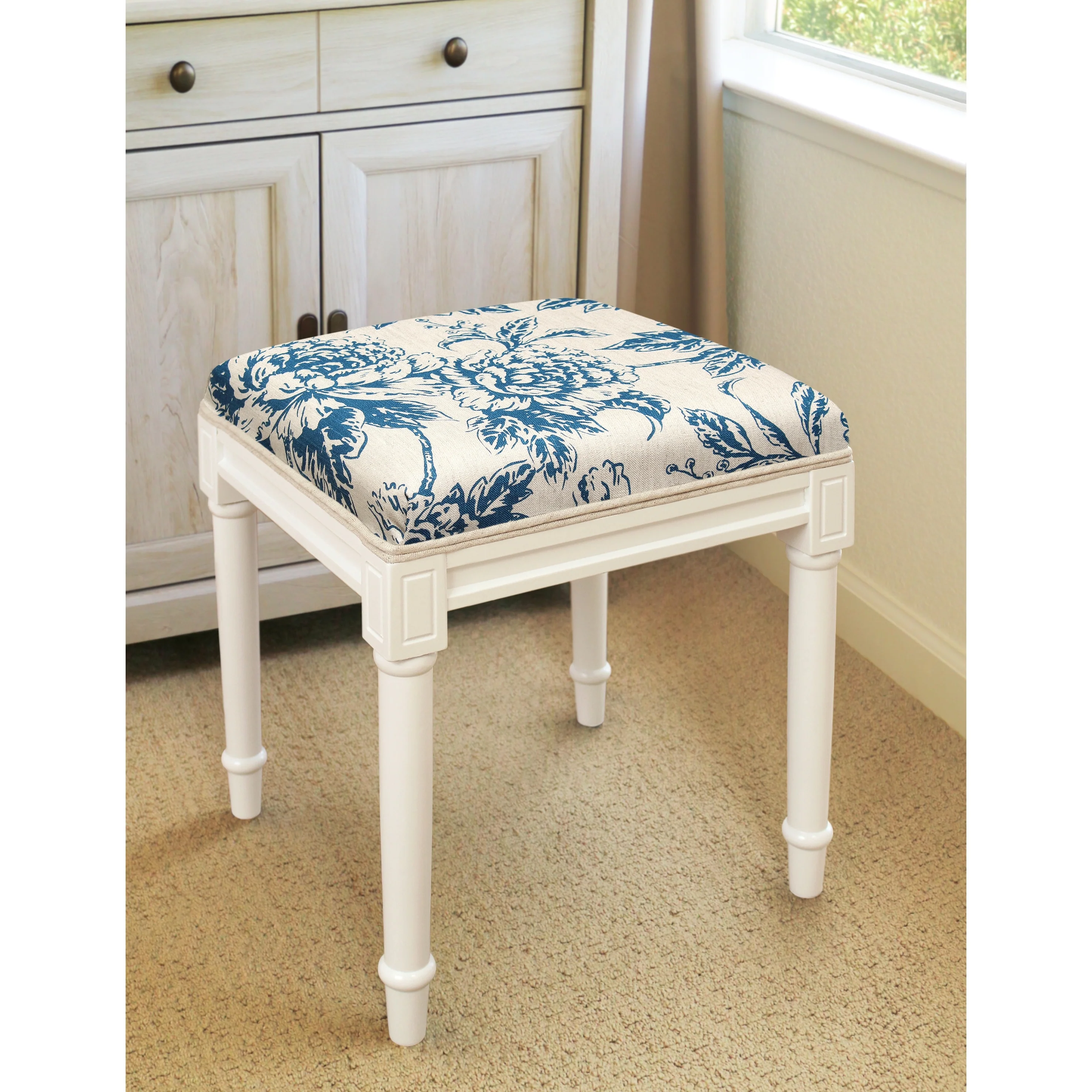 Navy Blue Peony Vanity Stool with White Frame