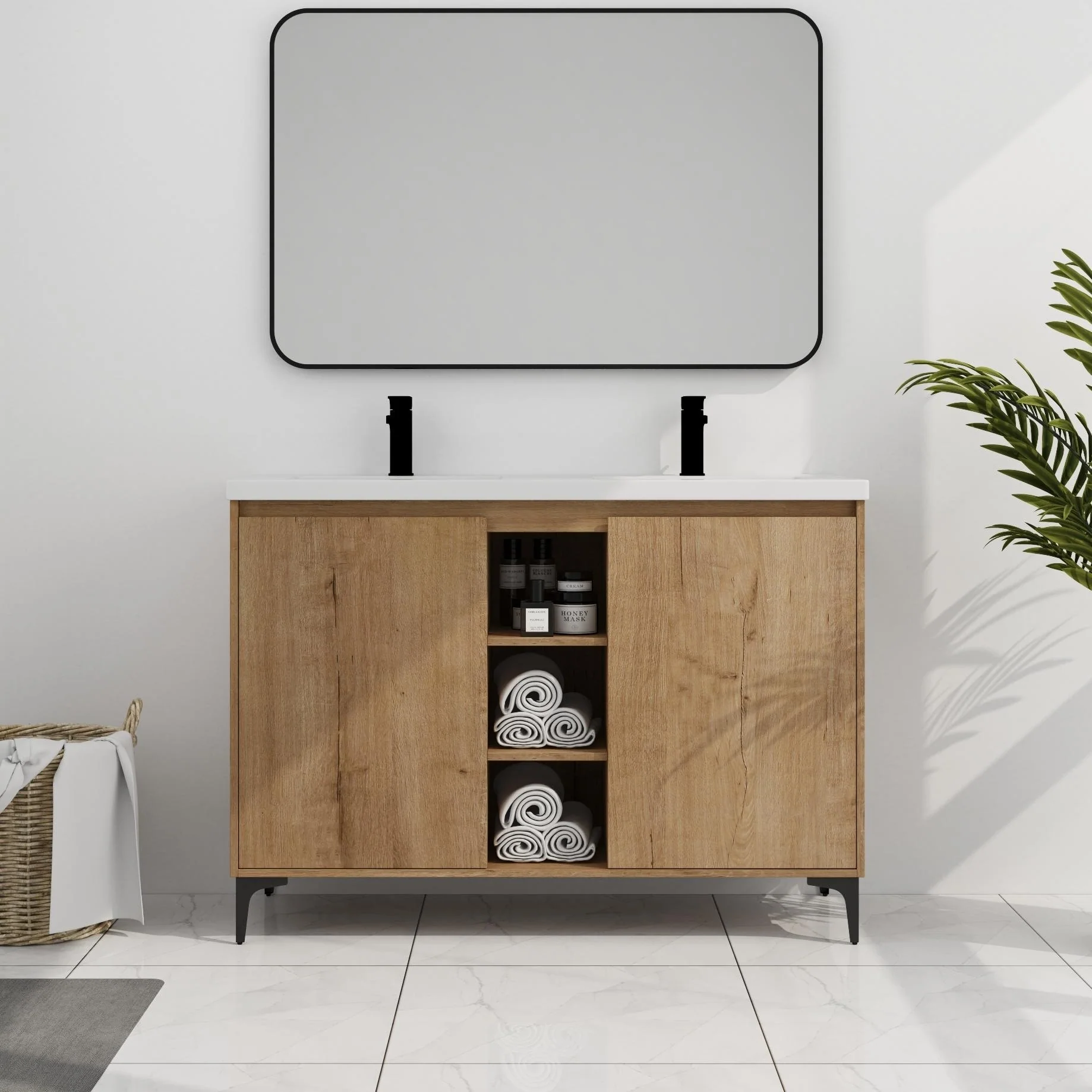 BNK Double Sink Bathroom Vanity in 48 Inch,Bathroom Cabinet with Soft Close Doors&Shelves