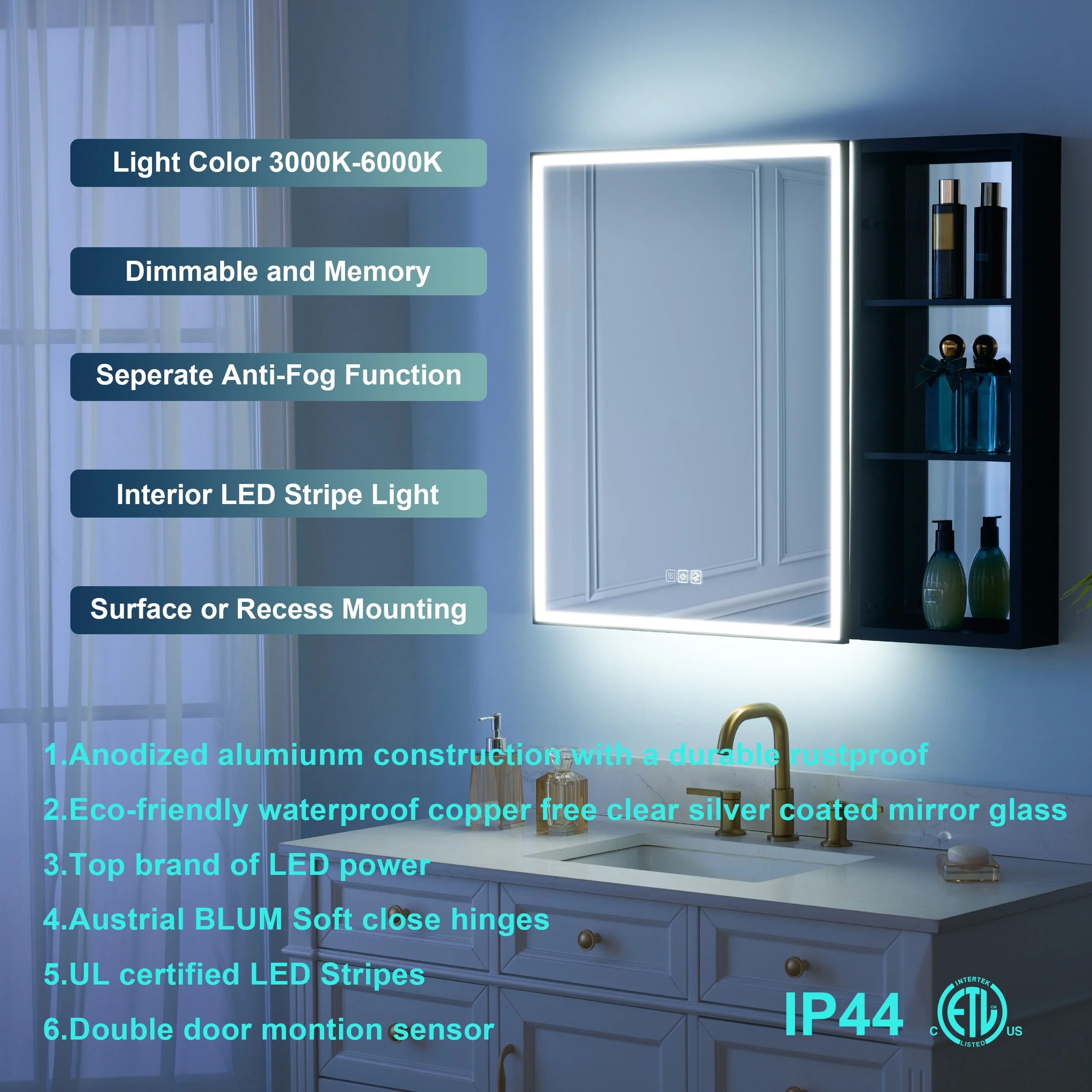 30 in. H Recessed or Surface Wall Mounted LED Mirror Cabinet With Black Side Cabinet