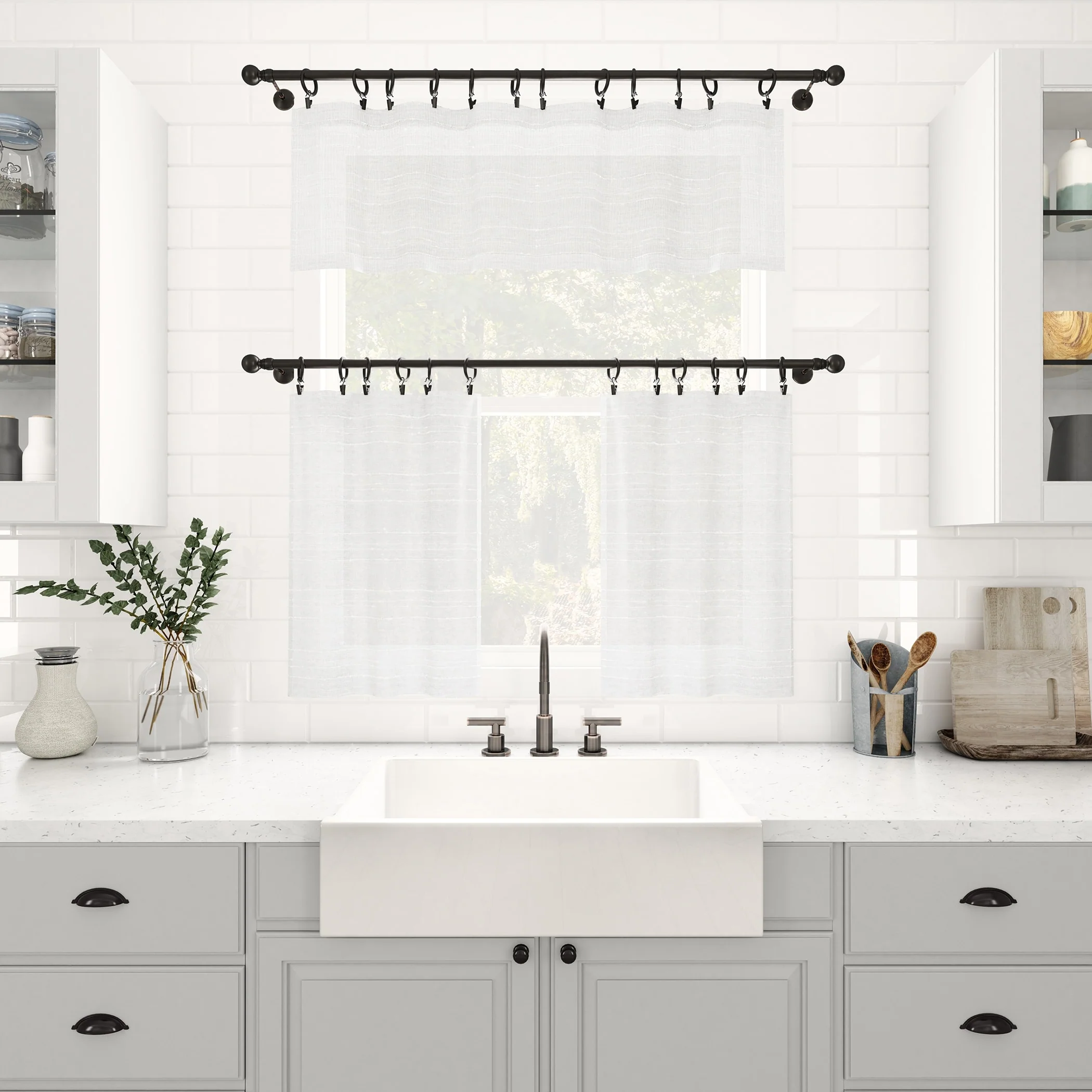 Clean Window Textured Slub Stripe Anti-Dust Linen Blend Sheer Cafe Curtain Pair