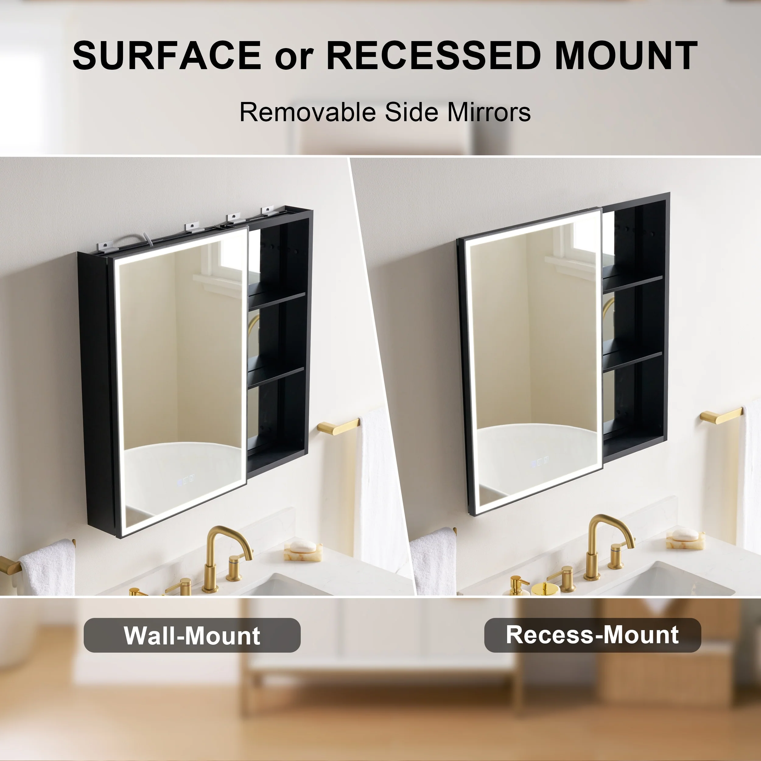 30 in. H Recessed or Surface Wall Mounted LED Mirror Cabinet With Black Side Cabinet