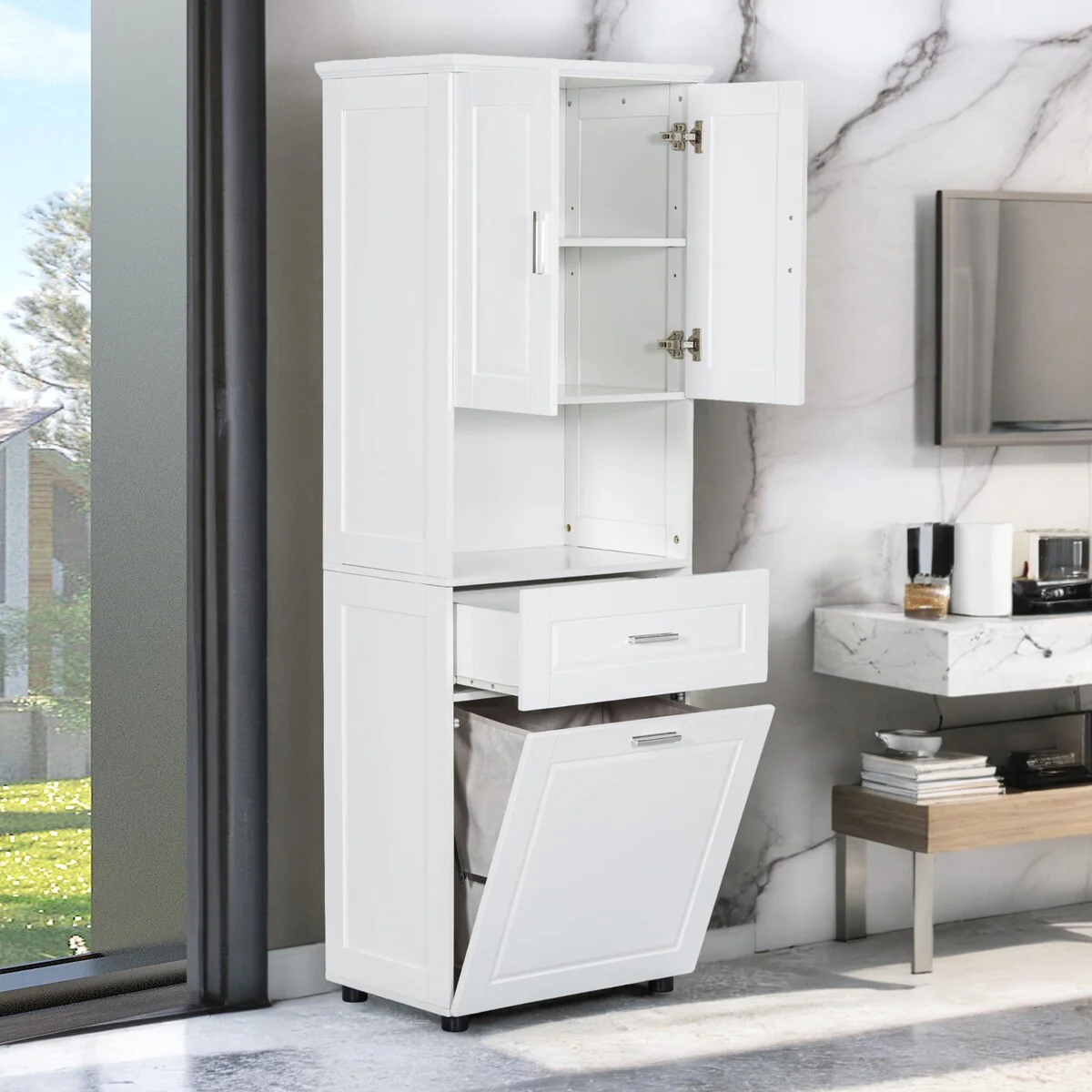 Tall Bathroom Cabinet with Laundry Basket