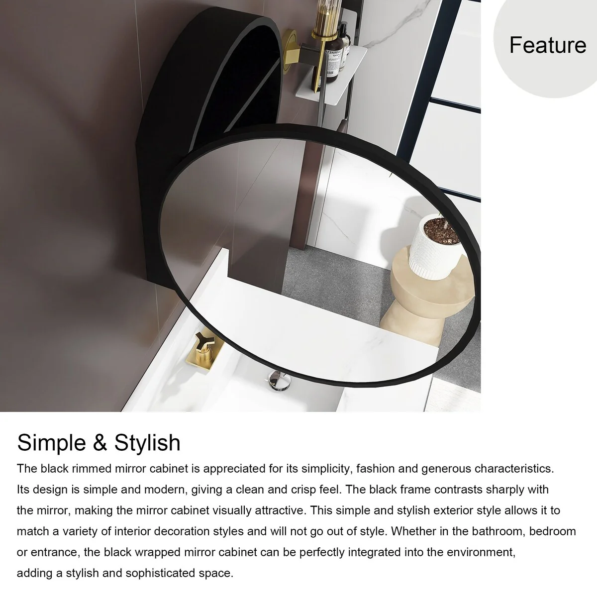 24/30 inch Round Surface Mount Medicine Cabinet with Mirror and Shelves