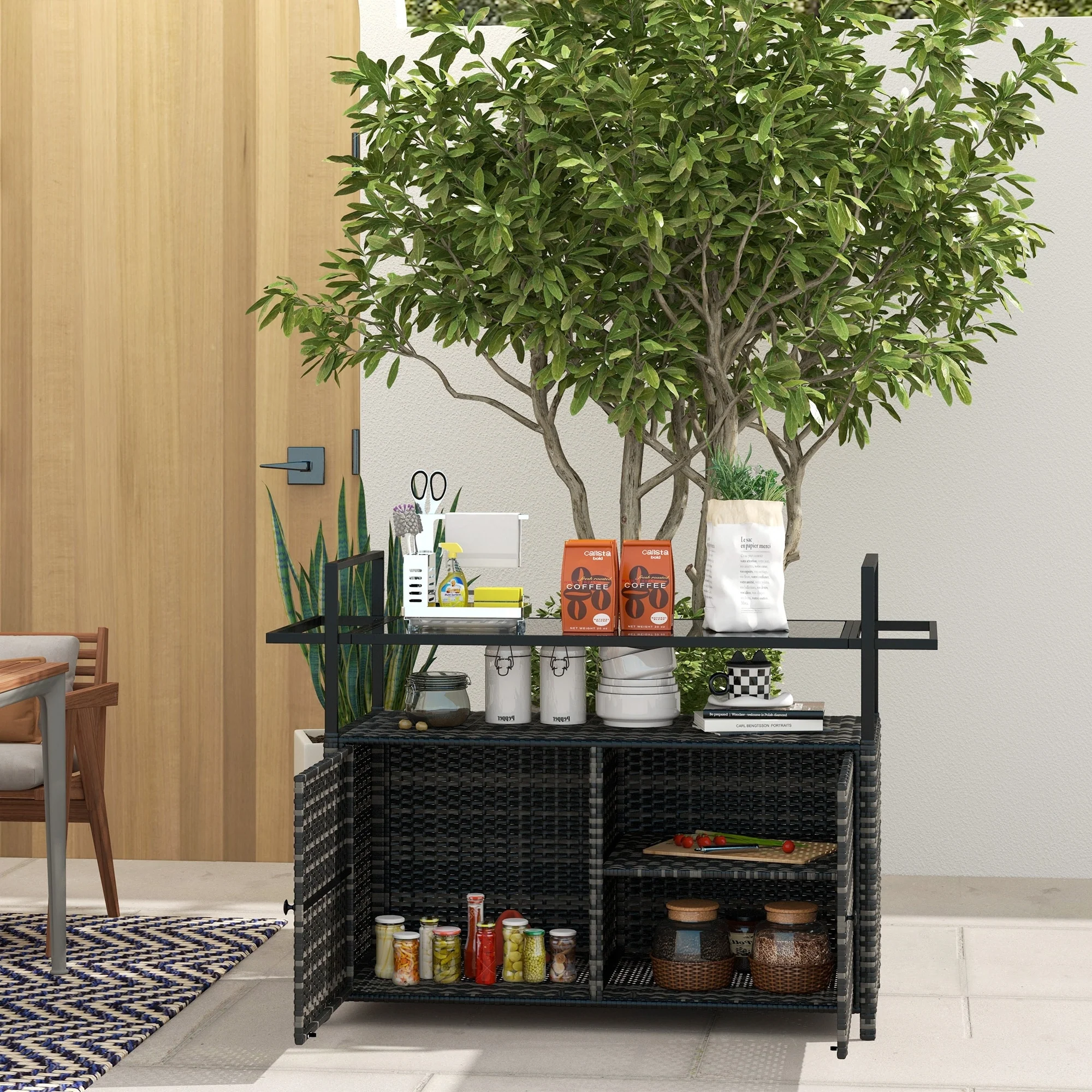 Outsunny PE Rattan Outdoor Bar Table, Outdoor Kitchen Island with 2-Tier Shelf & Cabinet, Patio Serving Cart