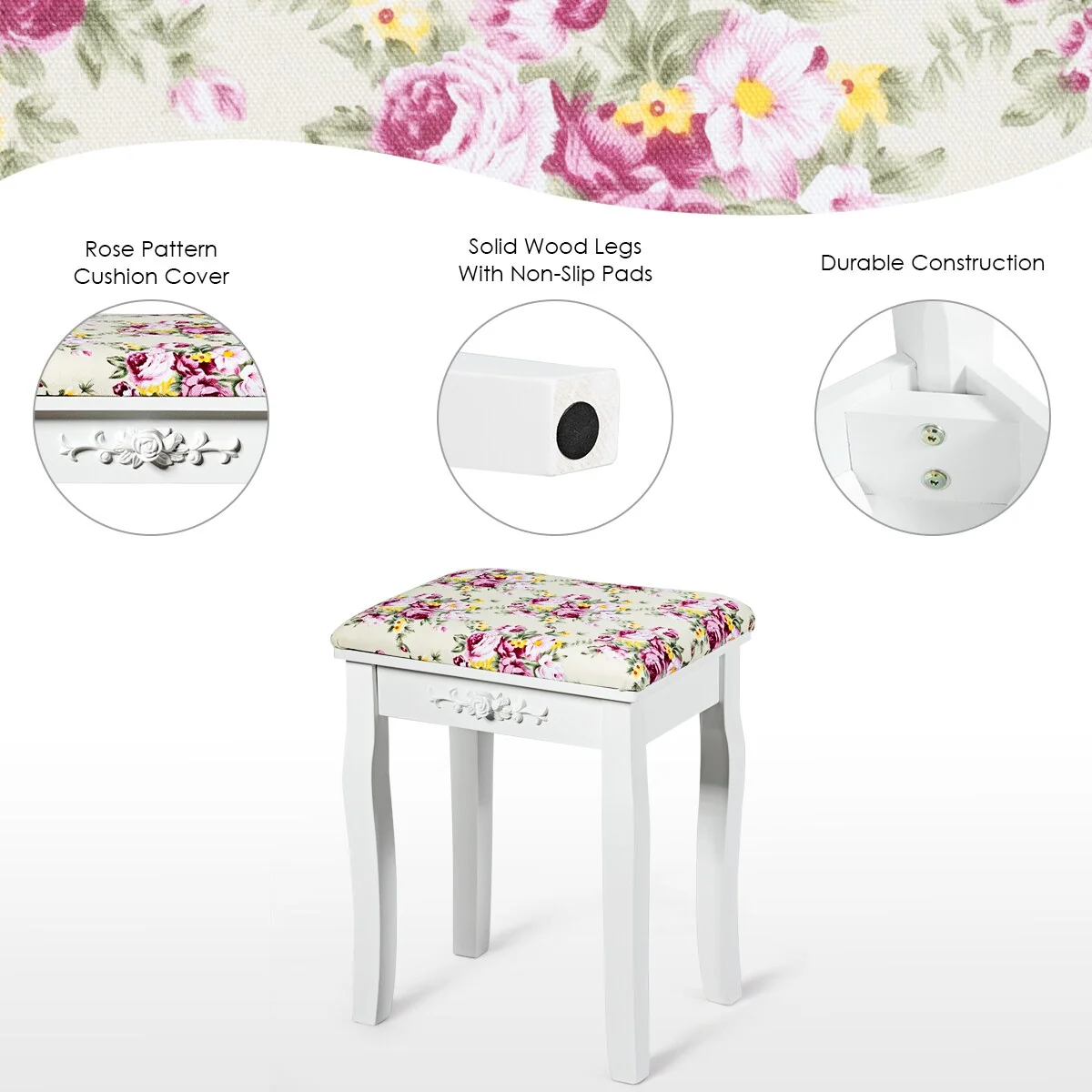 Costway Vanity Wood Dressing Stool Padded Chair Makeup Cushion White