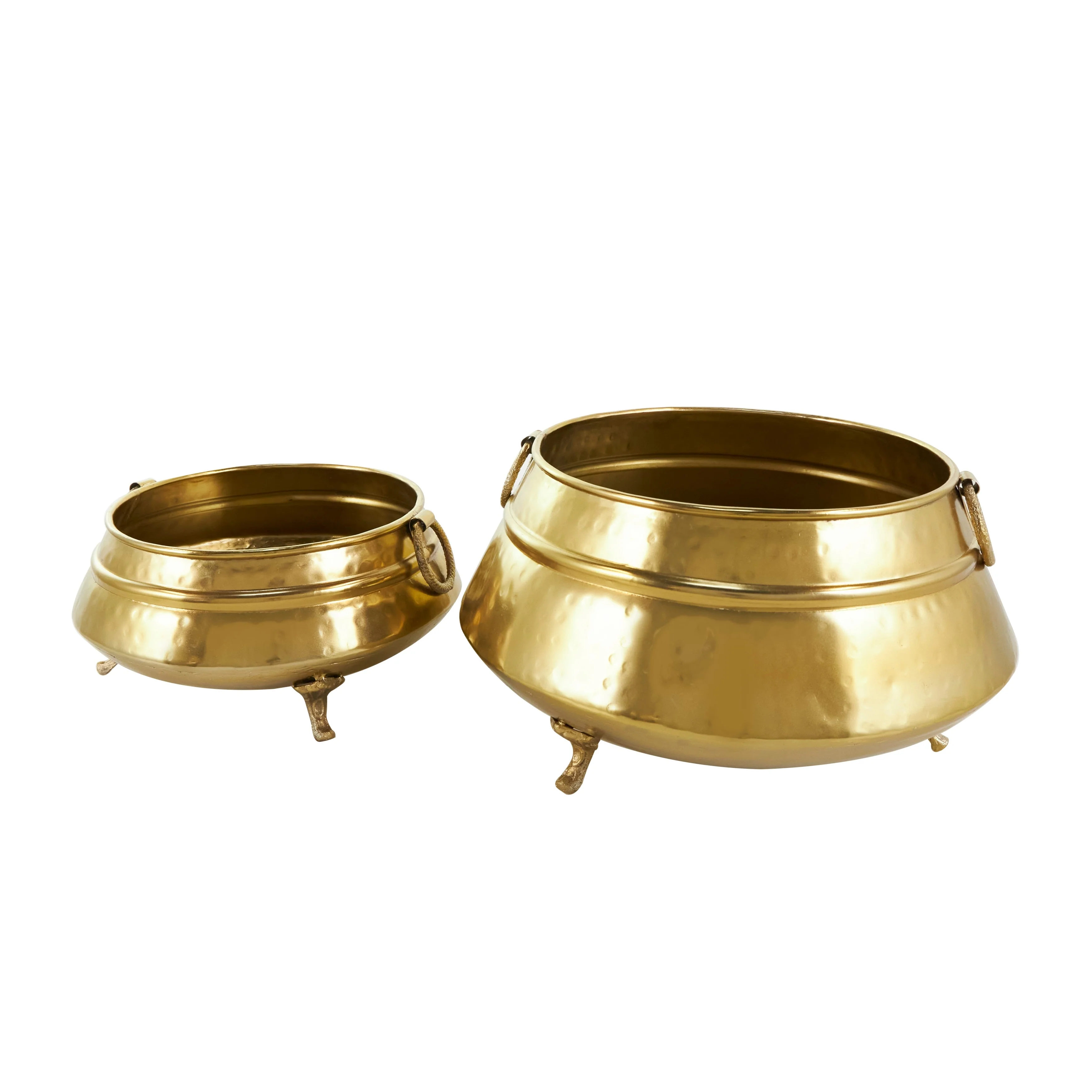 Metal Hammered Pot Planter with Scrolled Feet and Ring Handles - Set of 2 Gold - Roche River Decor - 14