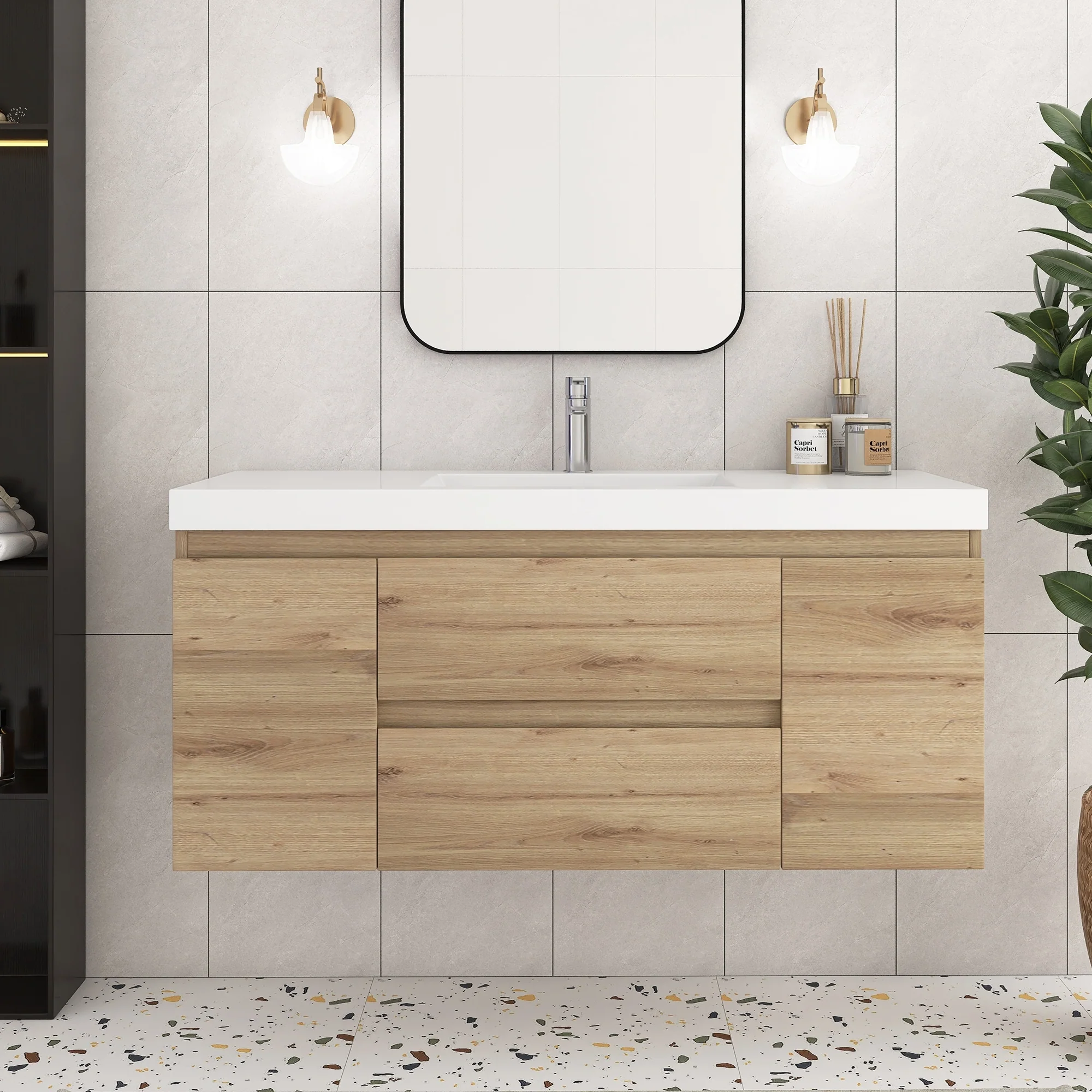 Angela Wall Mounted Bathroom Vanity in F. Oak with White Cultured Marble Top