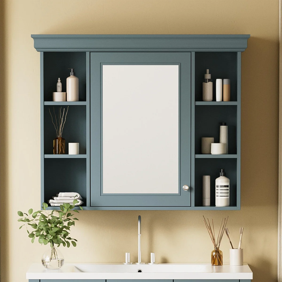 Modern Wall Mounted Bathroom Medicine Cabinet with Mirror Door & 6 Open Shelves