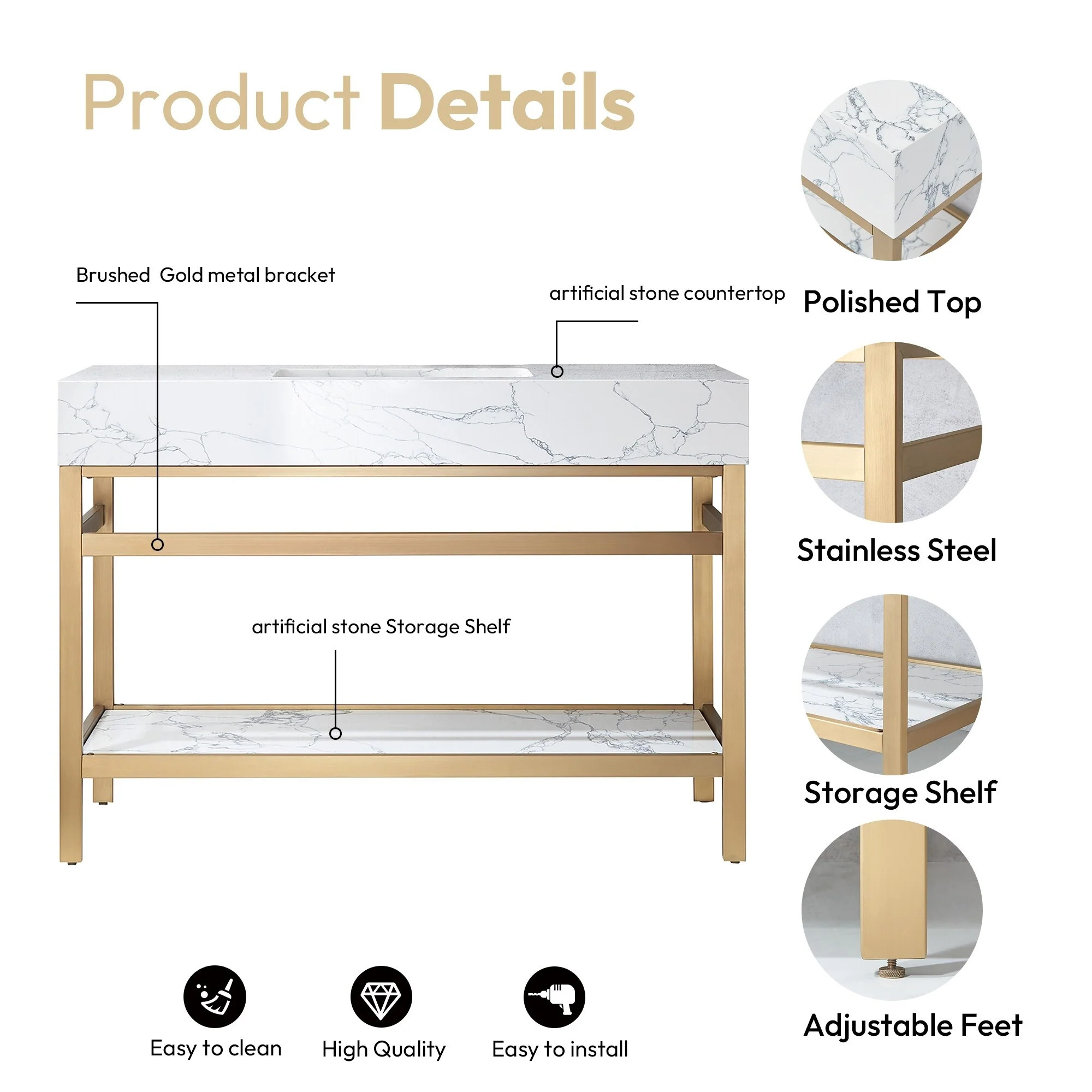 Ecija Bath Vanity, Metal Support with Composite Stone Top, no Mirror