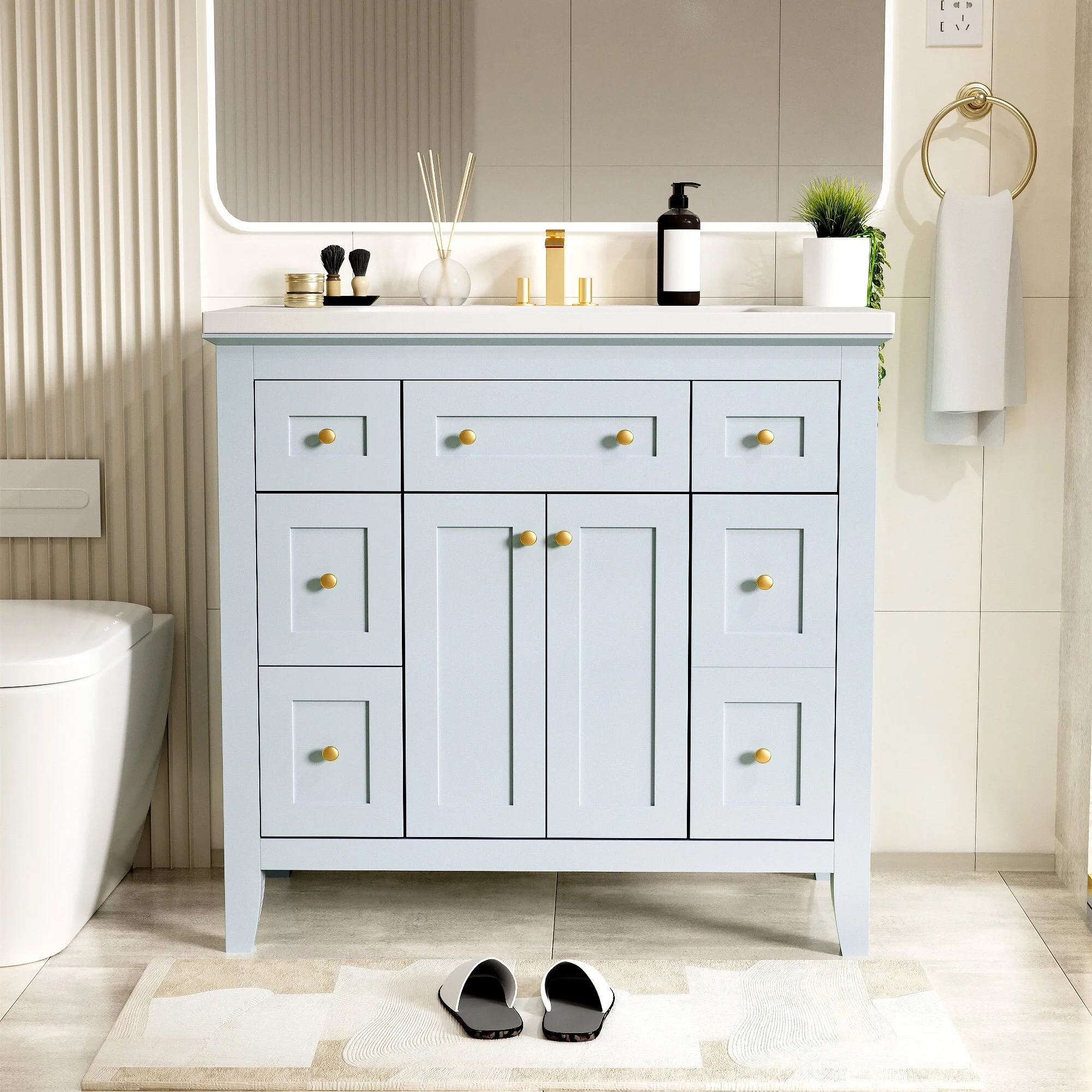 Modern Freestanding Single Bathroom Cabinet with 6 Drawers 2 Cabinets
