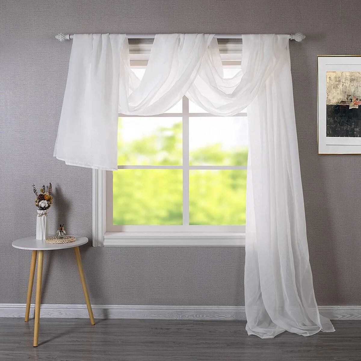 DriftAway Solid White Sheer Window Scarf Valance Long Luxury Sheer Fabric Topper Knife Edge