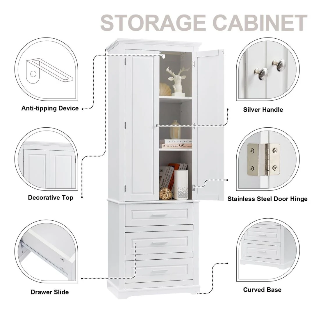 Tall Storage Cabinet with Three Drawers for Bathroom White