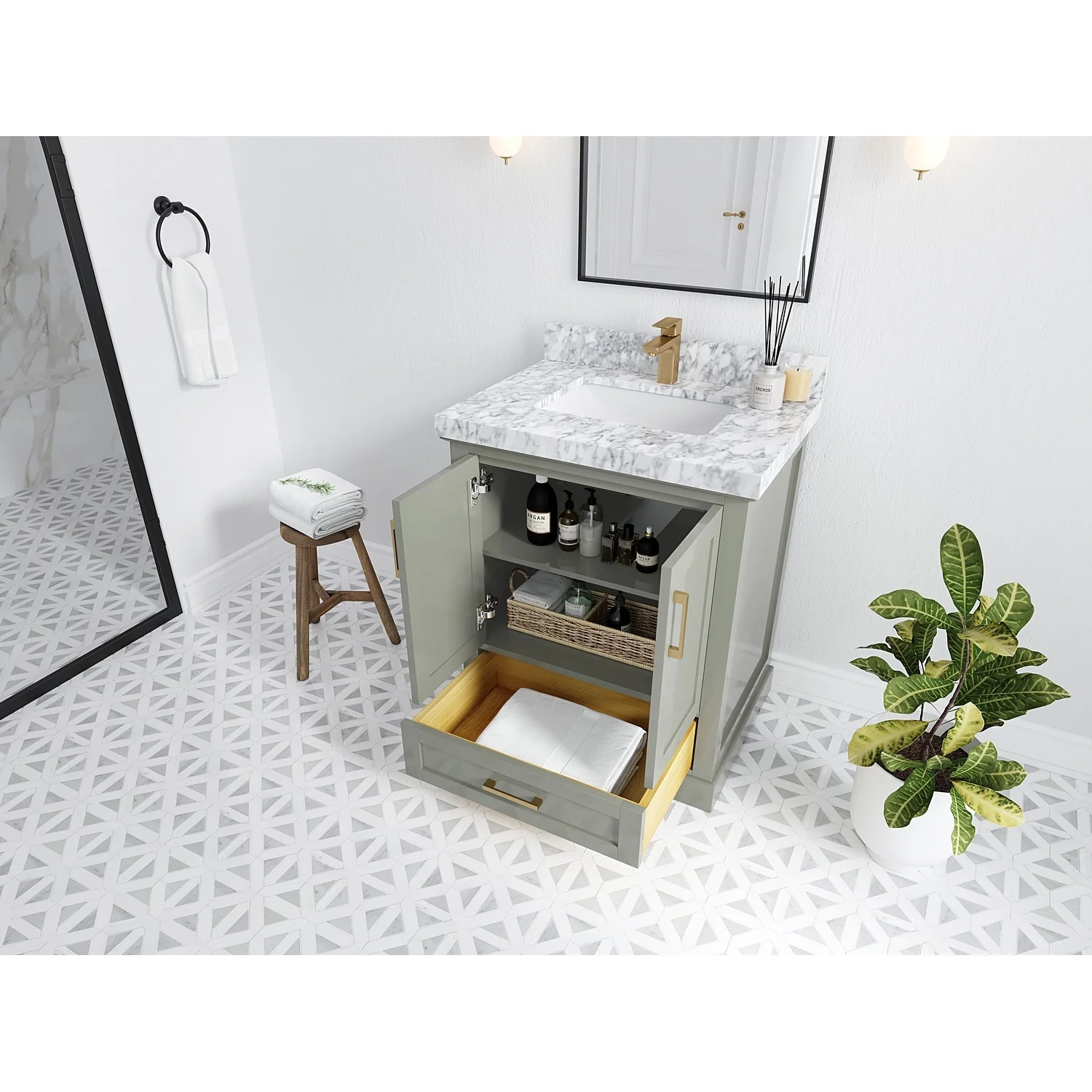 Willow Collection 30 in W x 22 in D x 36 in H Reeded Boston Single Bowl Sink Bathroom Vanity with Quartz or Marble Countertop