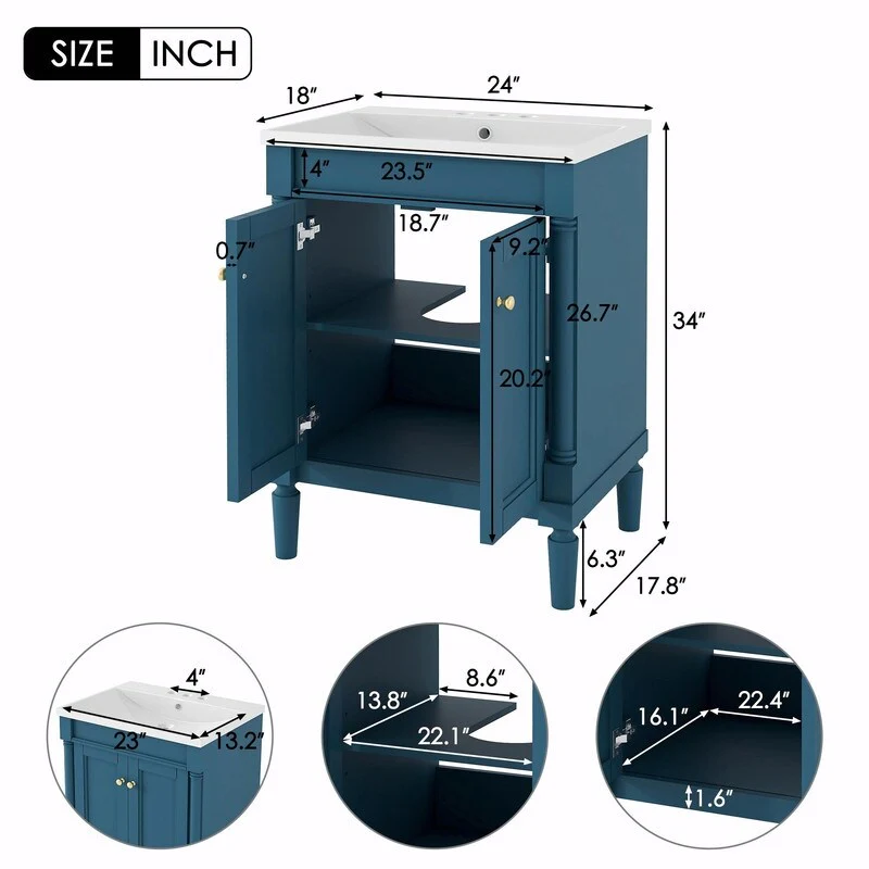 24'' Bathroom Vanity with Top Sink: Modern 2-Tier Storage Cabinet, Single Sink, Large Shelves