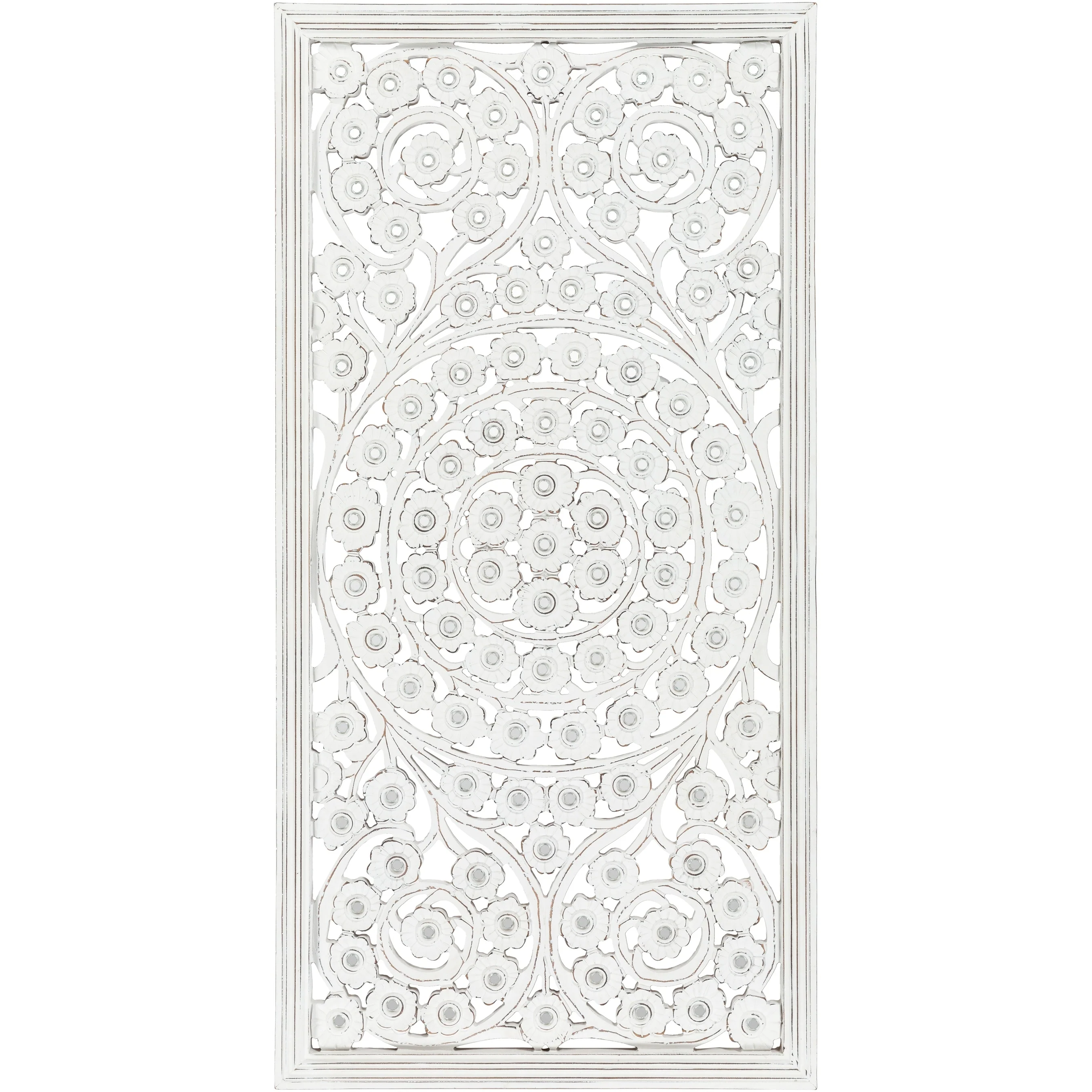 Allen White Washed Hand Carved 48x28-inch Wall Panel with Mirror Inlay