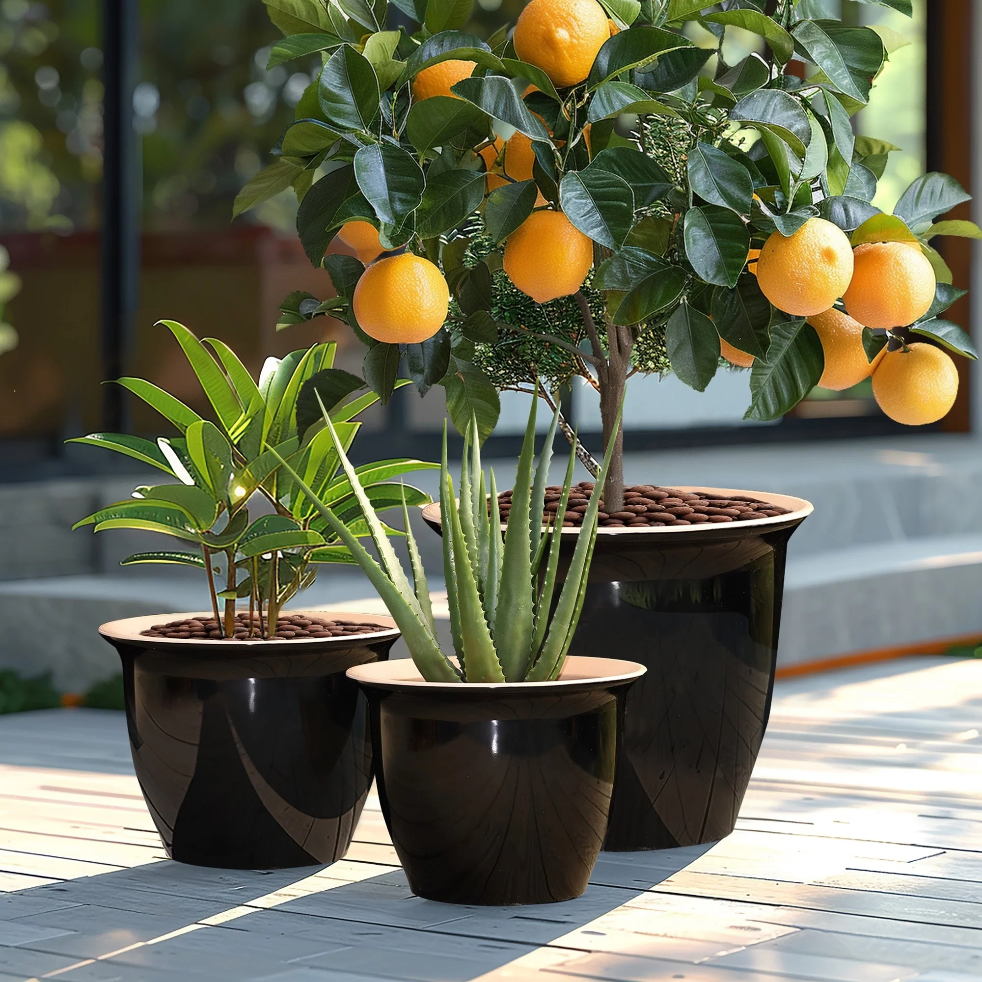 3-Piece Ebony Black Round Recyled Plastic Planter Set