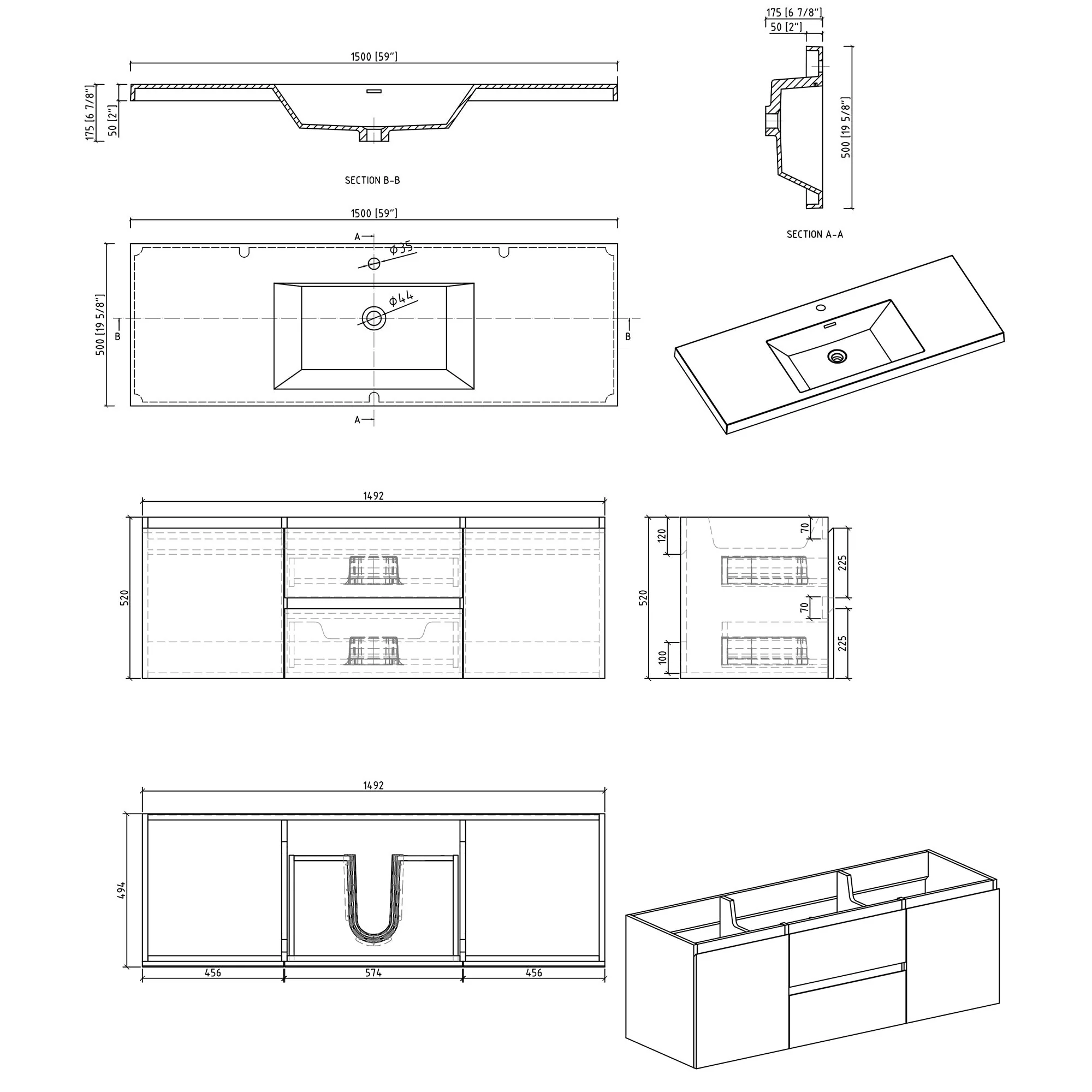 MDF Floating Bathroom Vanity with Integrated Resin Sink