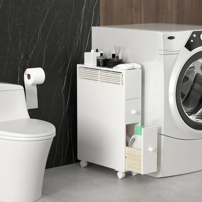 Freestanding Wooden Storage Cabinet with Storage Basket for Narrow Bathroom